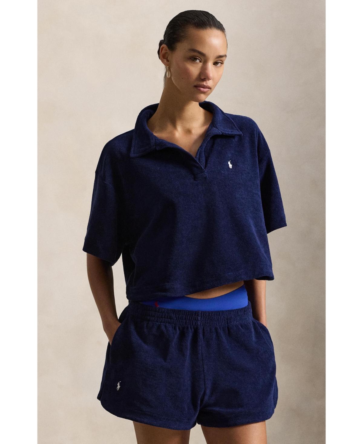 Women's Navy Blue Cotton Terry Swimsuit Cover Up Shirt and Short Set - Navy blue