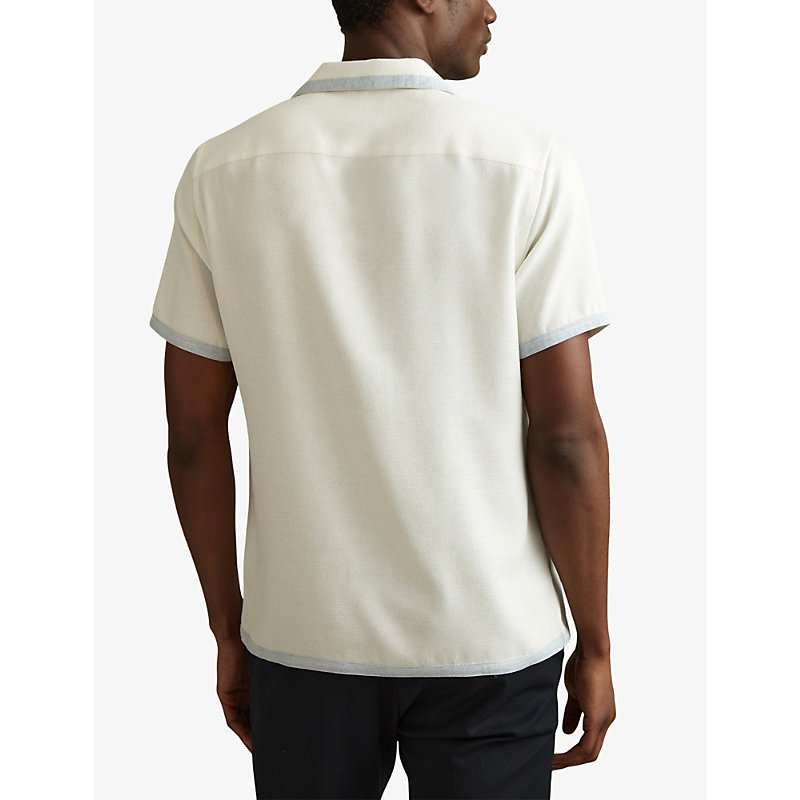 Mens Ecru/soft Blue Vita Contrast-trim Regular-fit Woven Shirt L