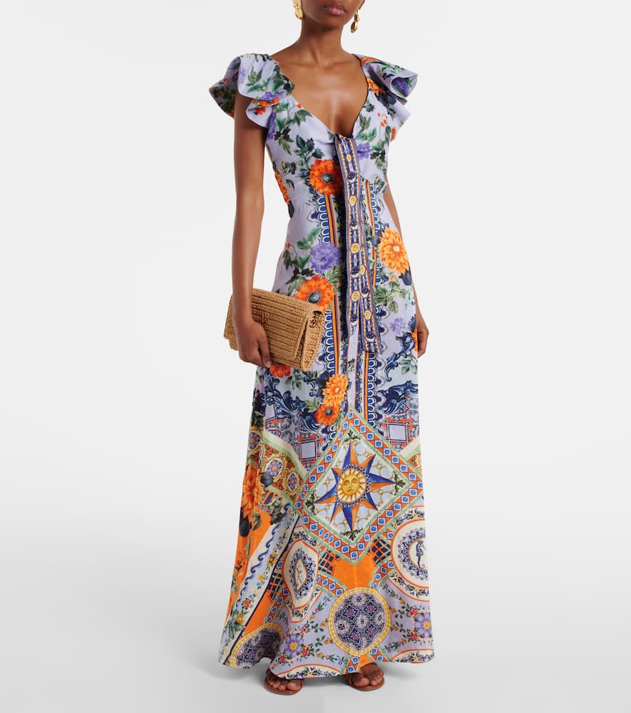 Printed linen and silk maxi dress