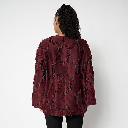 WynneCollection Long-Sleeve Organza Cut Jacquard Jacket - Red