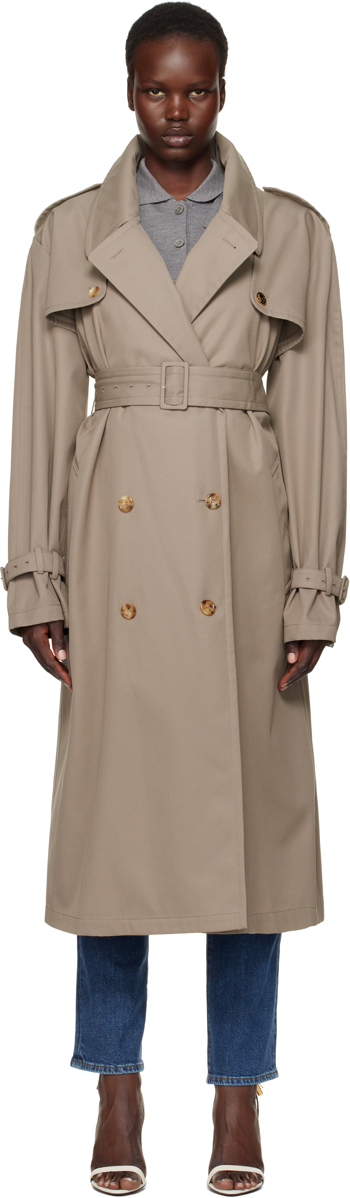Moschino Taupe Gabardine Tailored Twist Trench Coat