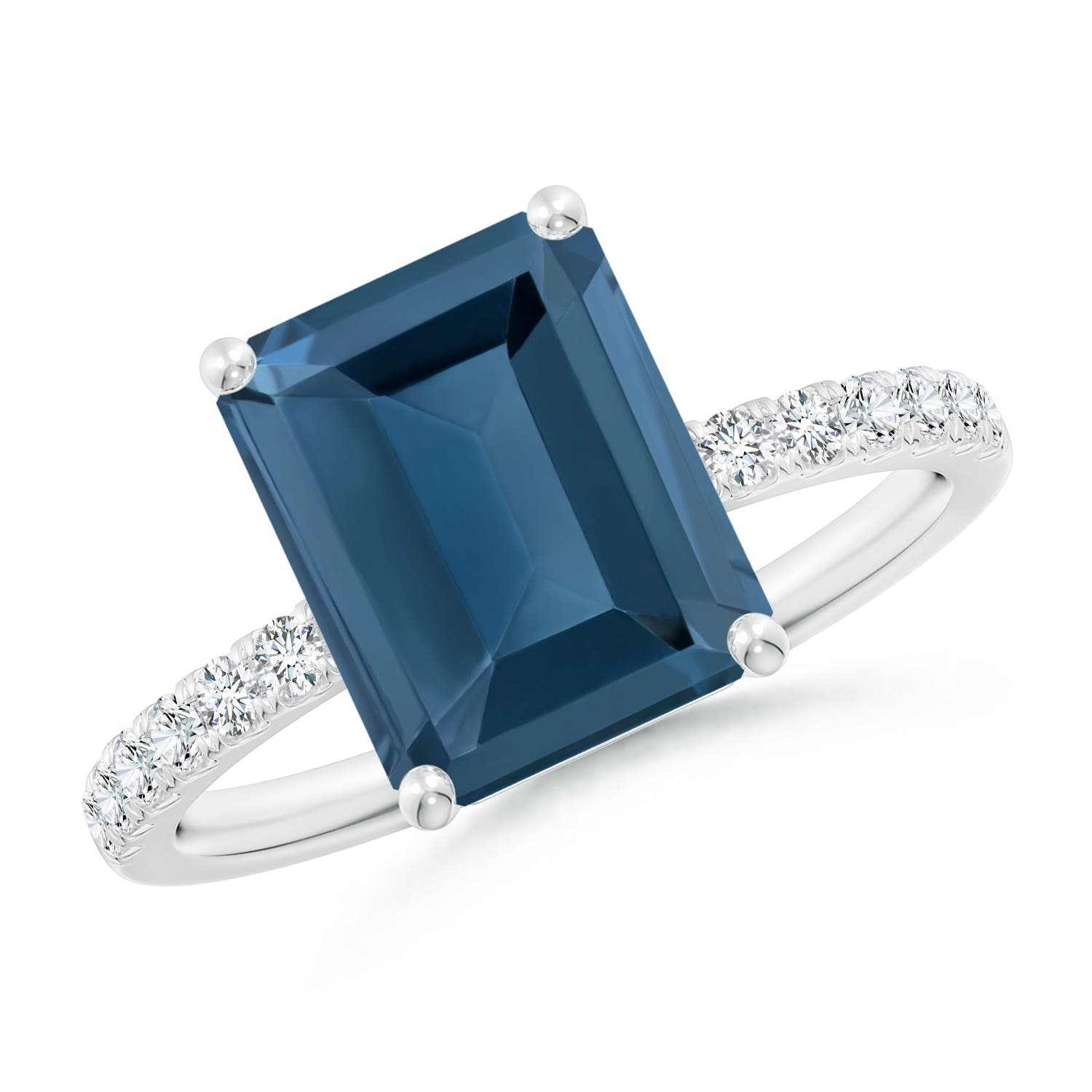 Angara 4.0 Carats Emerald-Cut London Blue Topaz Engagement Ring with Diamonds in Platinum