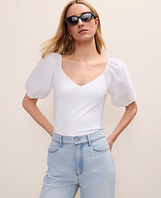 Ann Taylor Mixed Media Puff Sleeve Top
