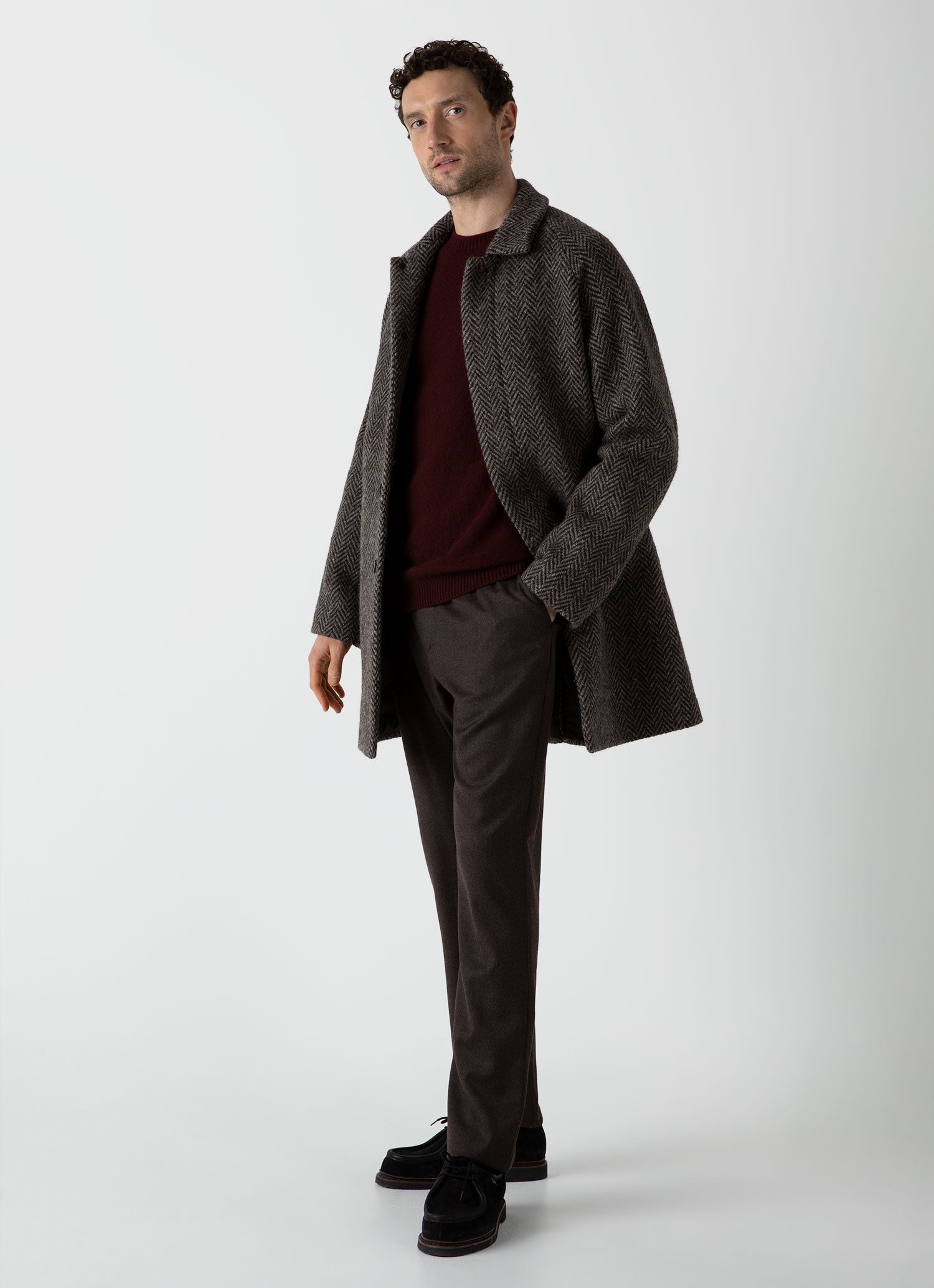 Men's British Wool Car Coat in Brown Herringbone 100% British Wool Fully Lined Regular Fit Mid Length Button Fastening