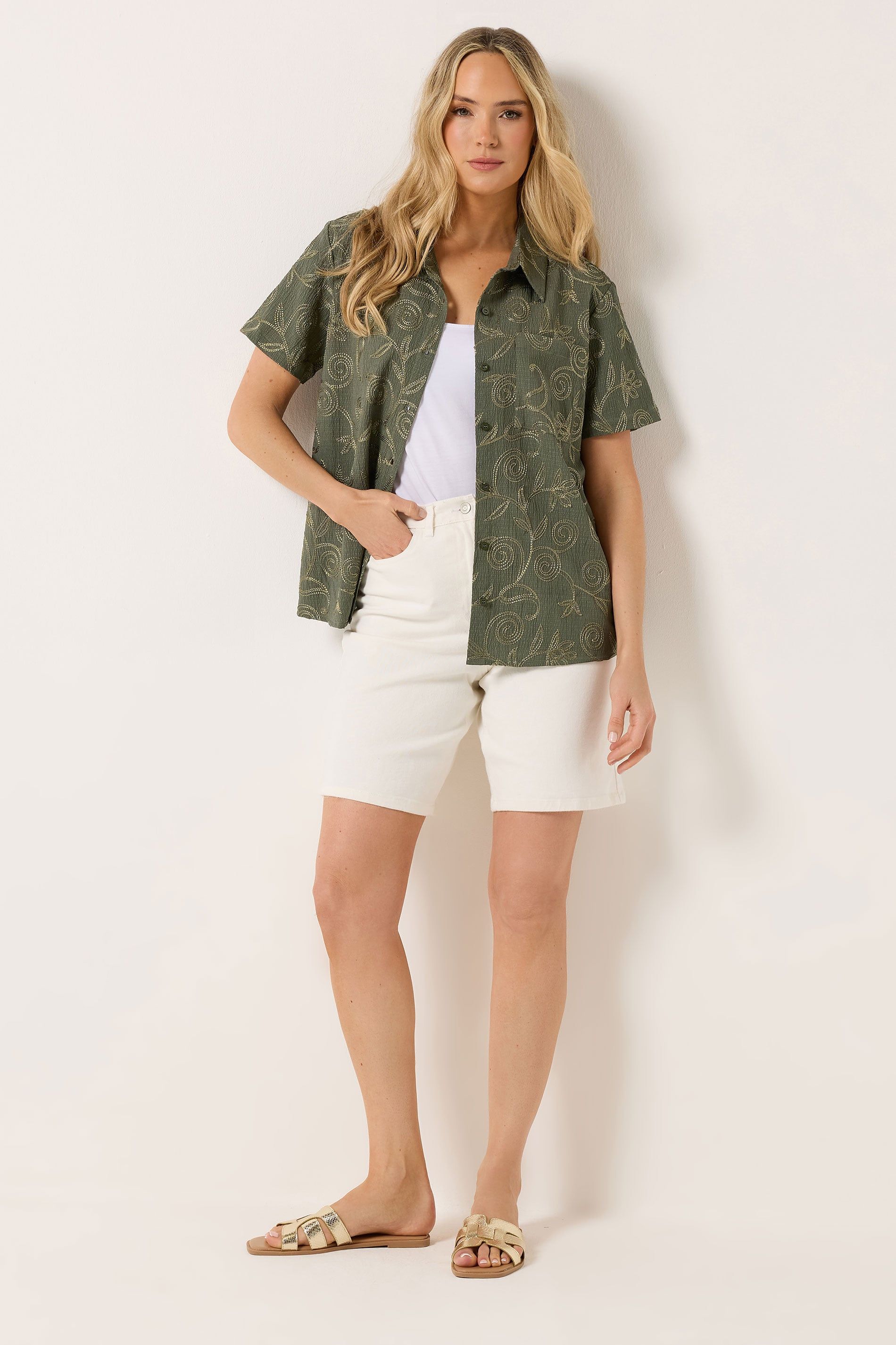 Long Tall Sally Women's Tall Floral Embroidered Shirt in Olive
