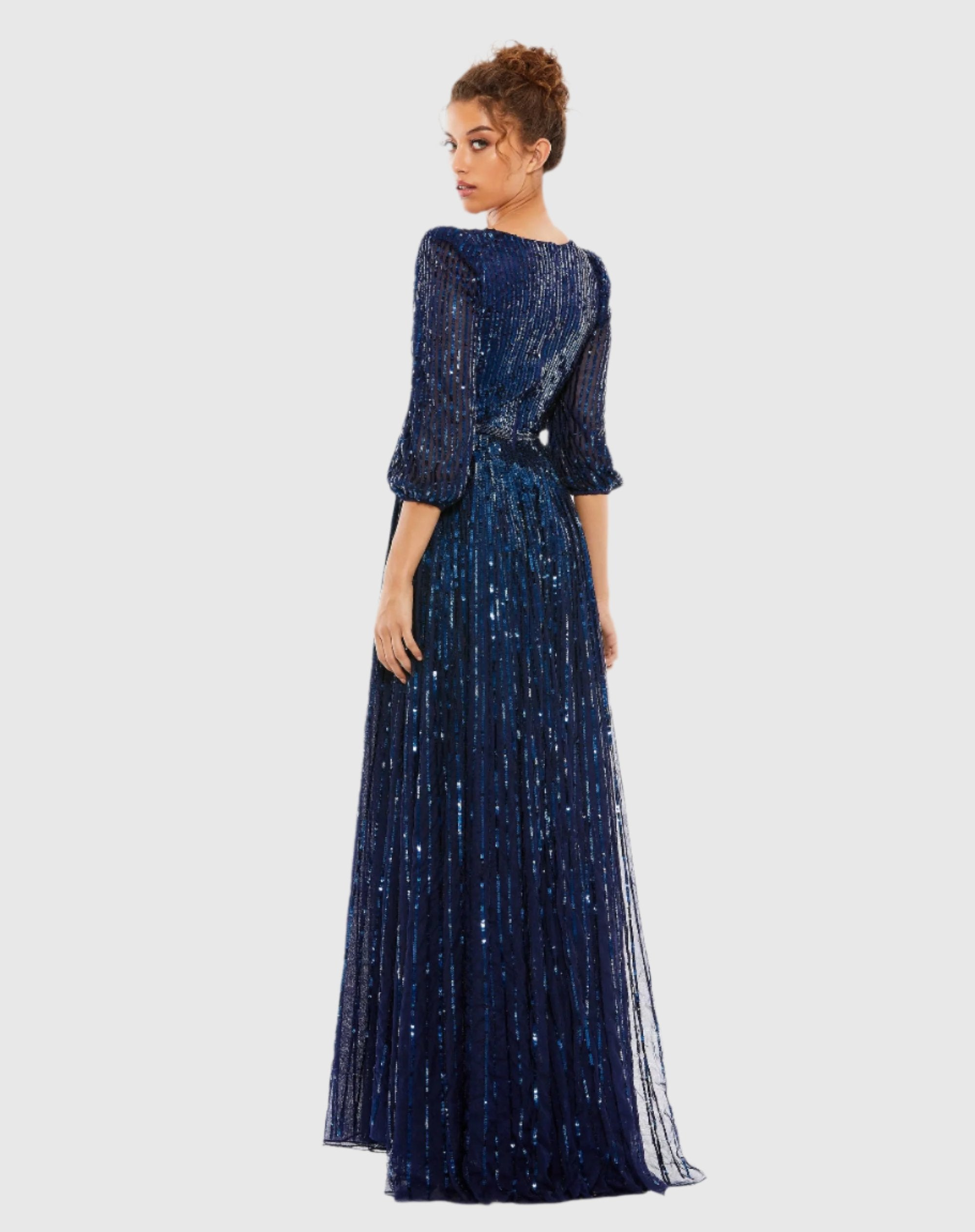 Sequined Wrap Over 3/4 Sleeve Maxi Gown In Black