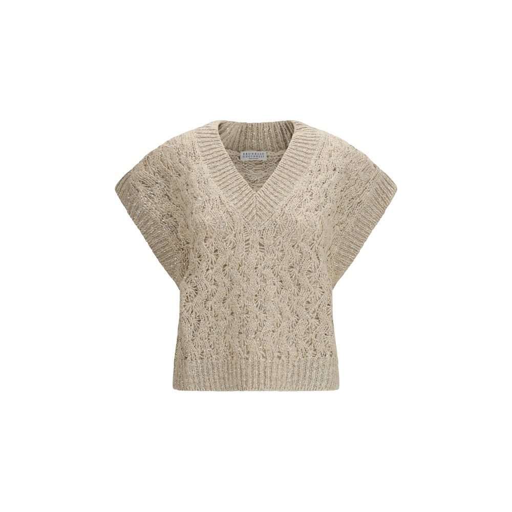 Silk Blend Textured Knit Sweater Vest — Beige