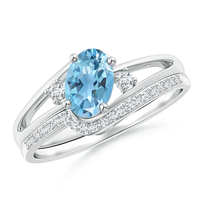 Angara 0.95 Carat Oval Swiss Blue Topaz and Diamond Bridal Set in Platinum