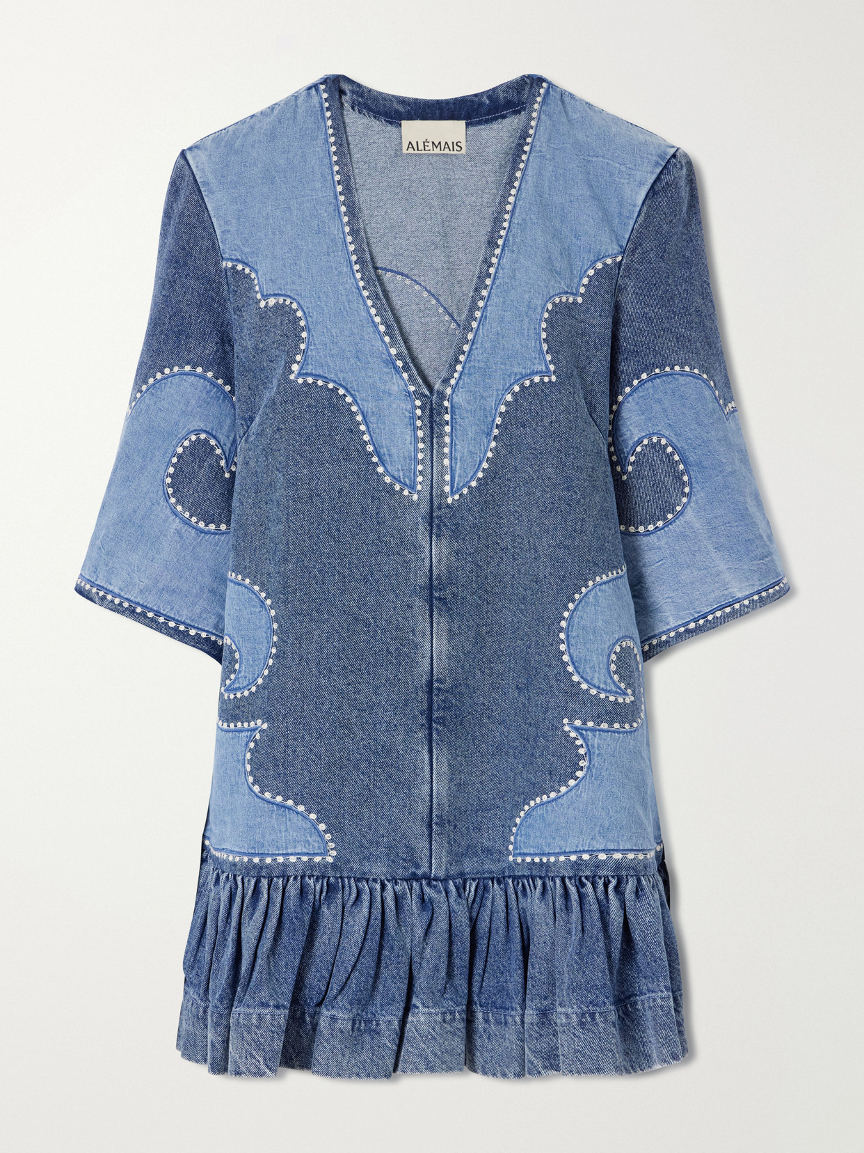 Jesse Ruffled Embroidered Denim Mini Dress - Blue