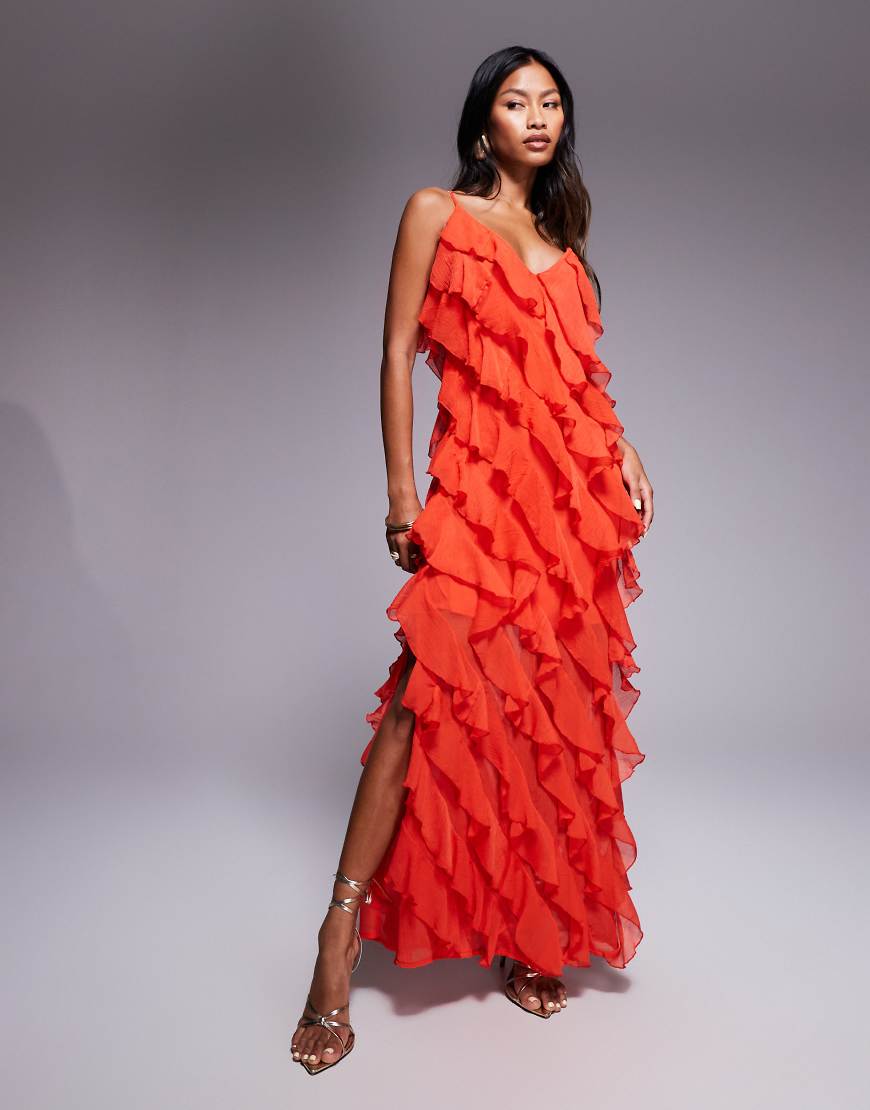 Ruffle detail strappy maxi dress in orange
