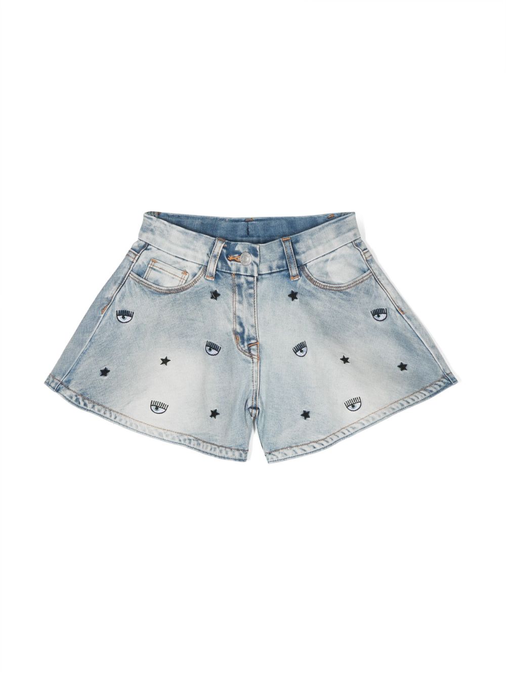 Embroidered Eye-like denim shorts - Blue