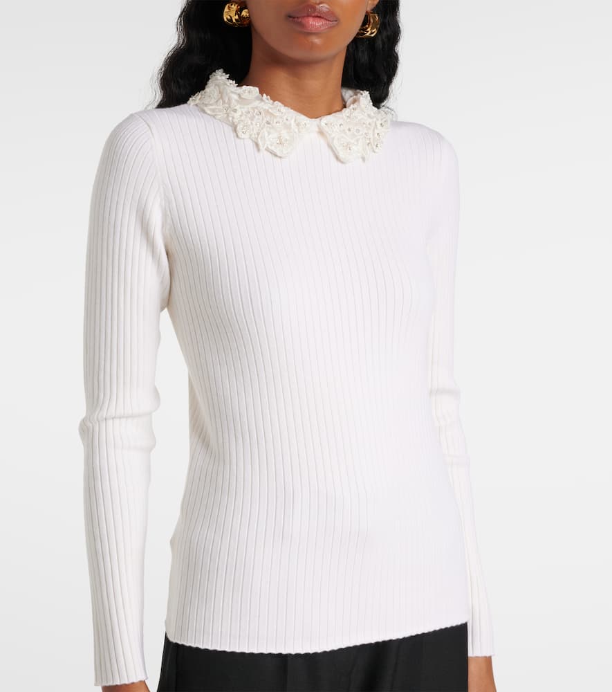 Embellished ribbed-knit wool top