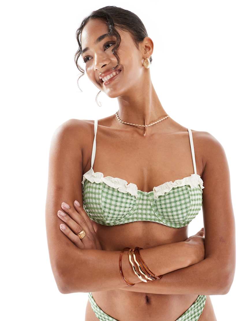 Dorothy underwired balcony bikini top in gingham-Green