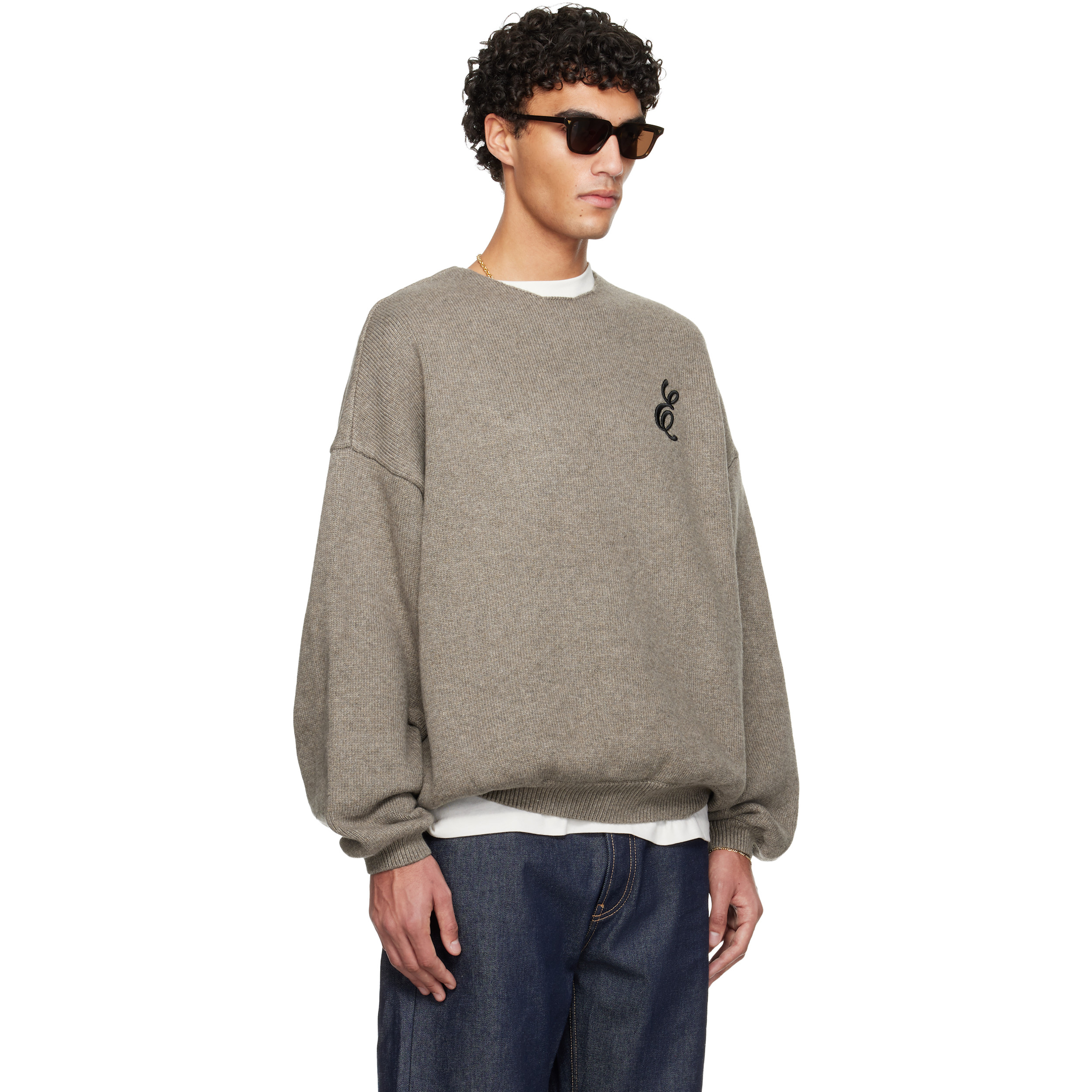 Brown Holiday Embroidered Merino Crewneck Sweater