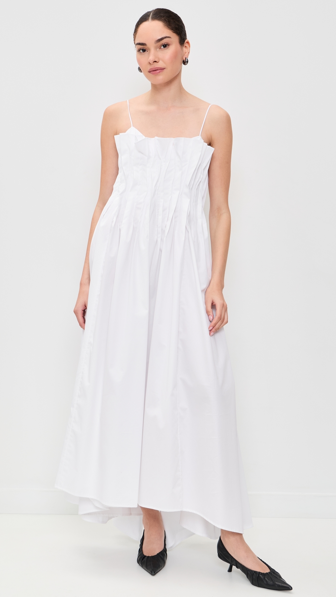 Cinched Pleated Midi Dress White
