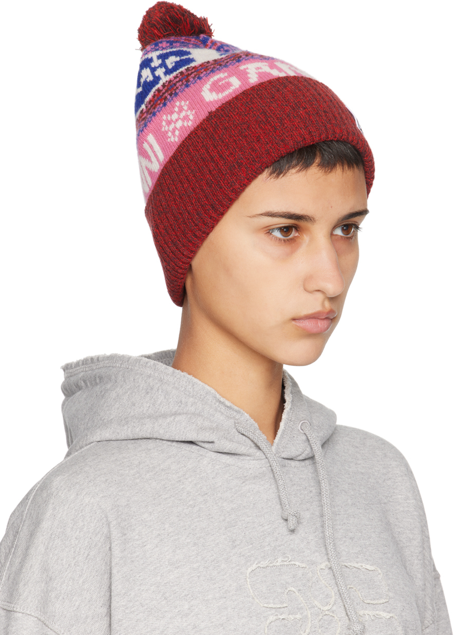 GANNI Red Graphic Wool Beanie