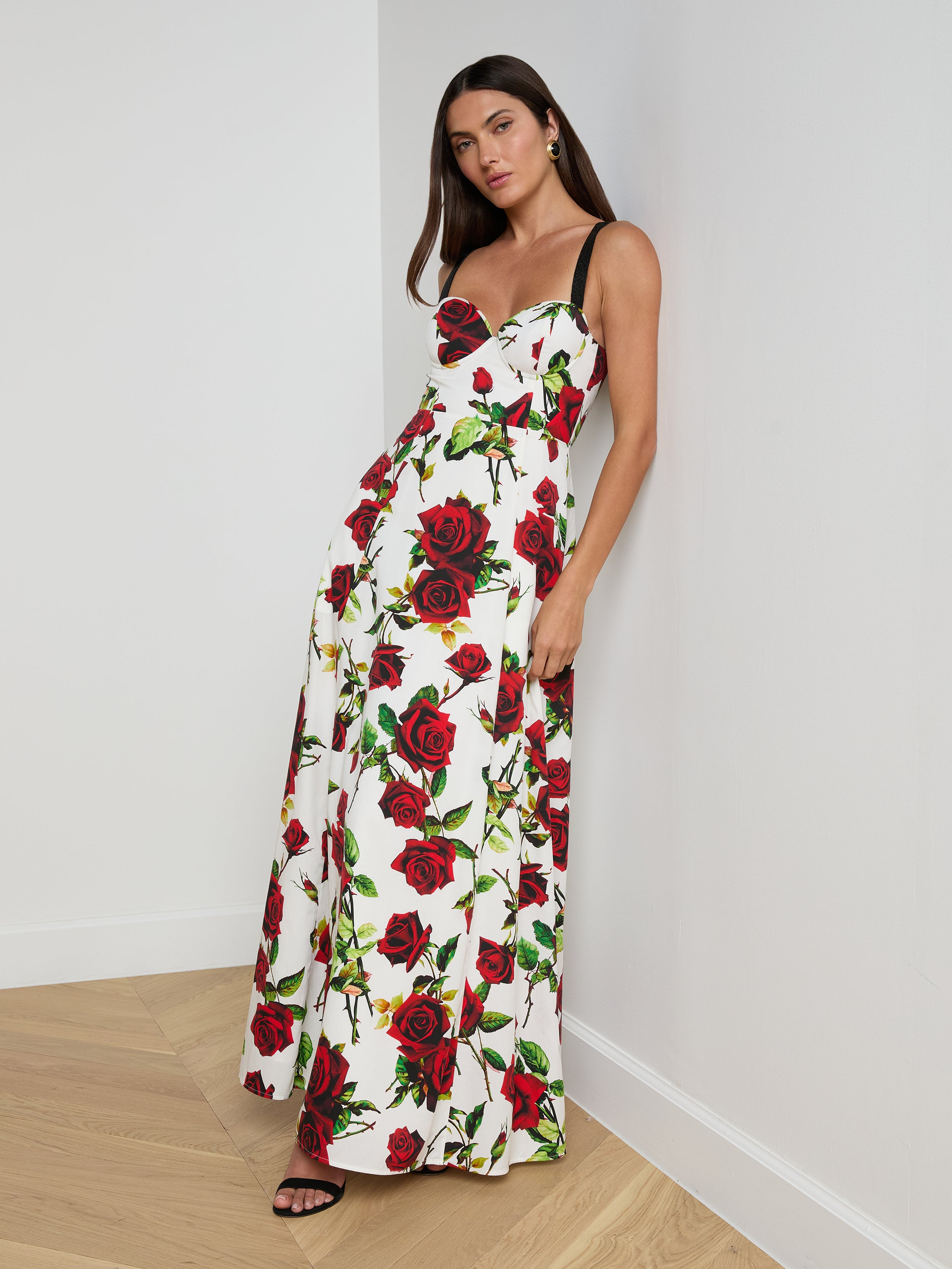 Sutton Beaded Strap Gown In White/red Romantic Rose