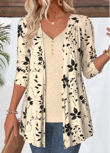 Modlily Beige Leaf Print 3/4 Sleeve Light Cardigan