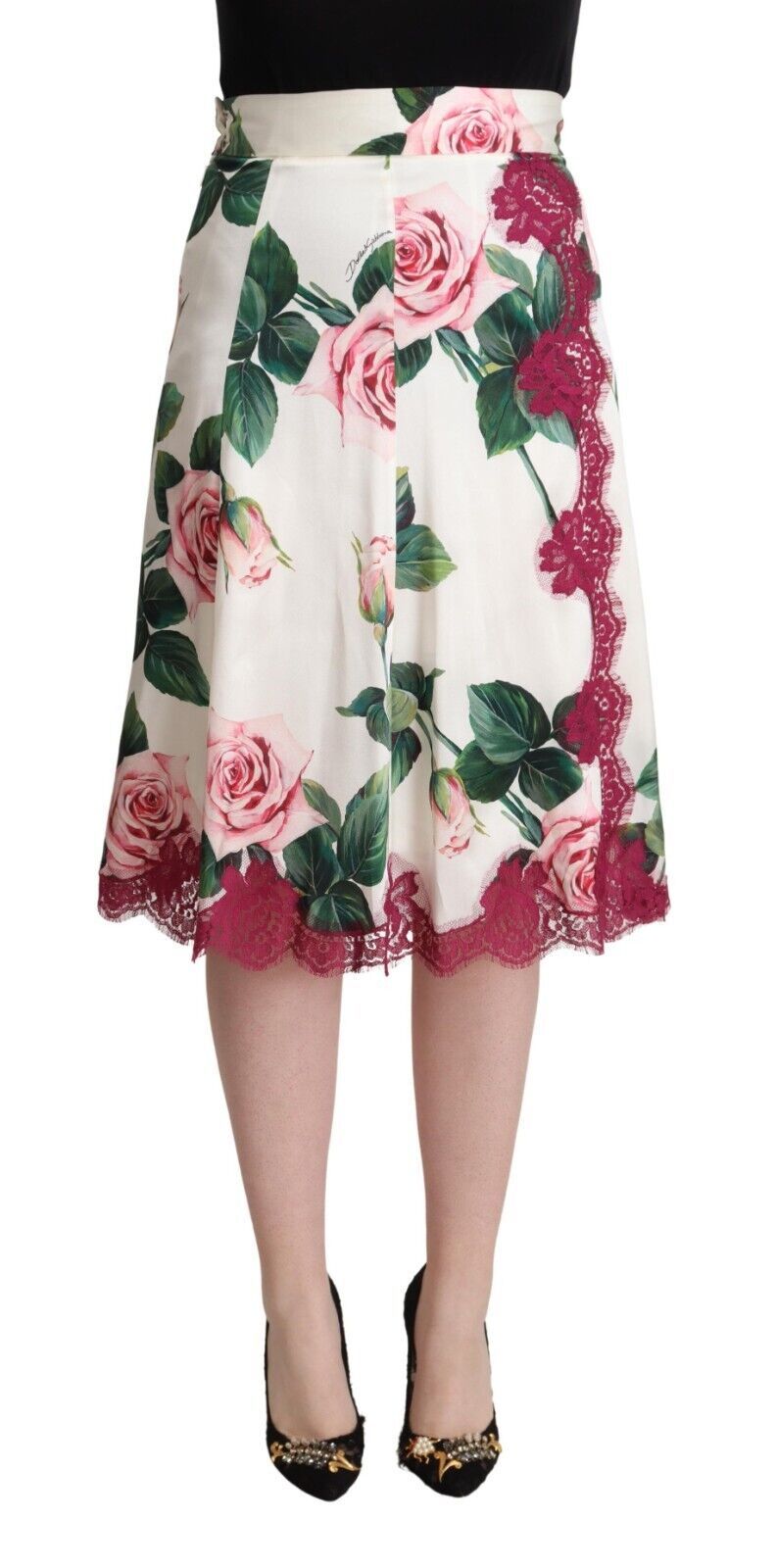 Rose Print A-Line Skirt — White