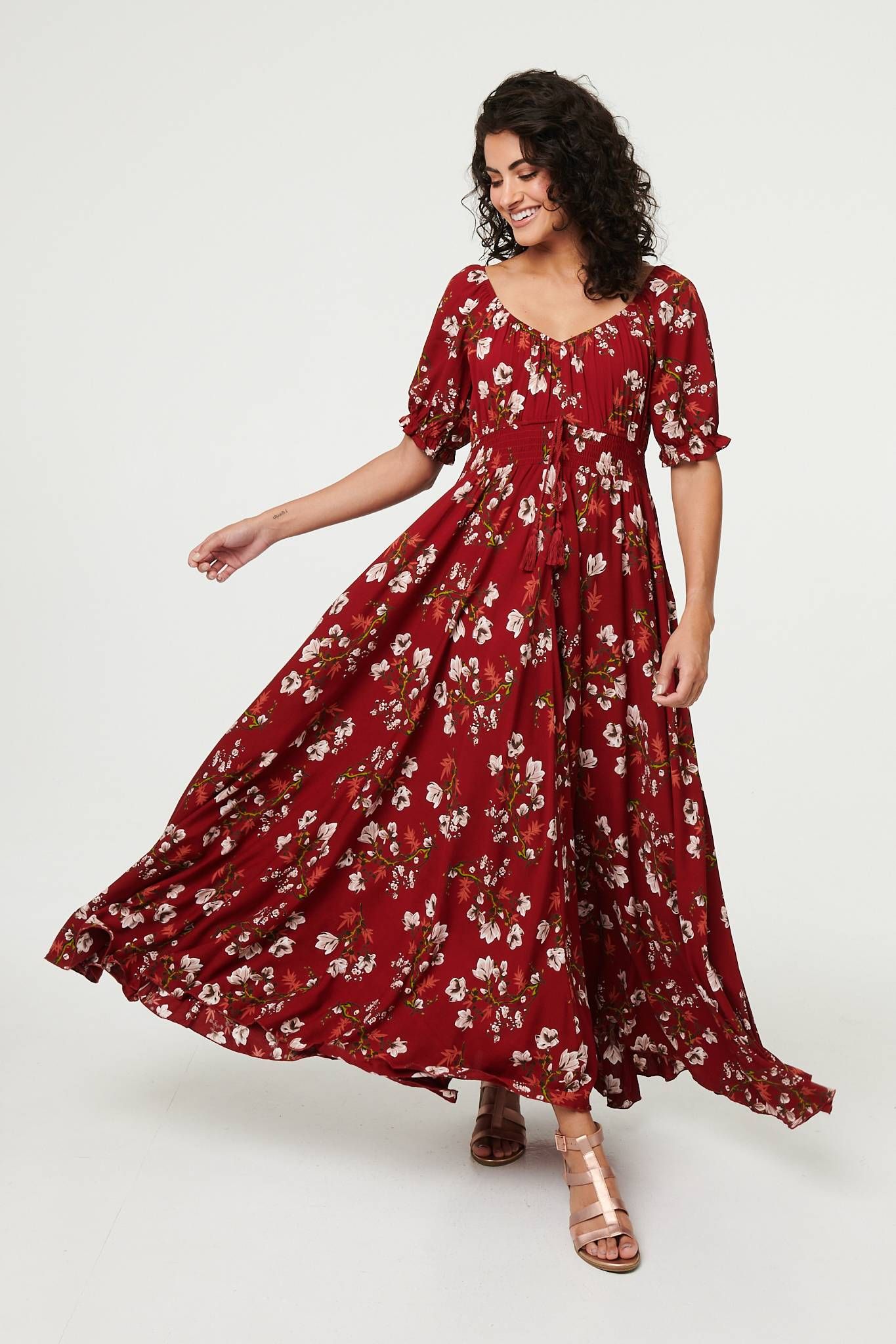 Izabel London Women's Floral Bardot Shirred Empire Maxi Dress in Red