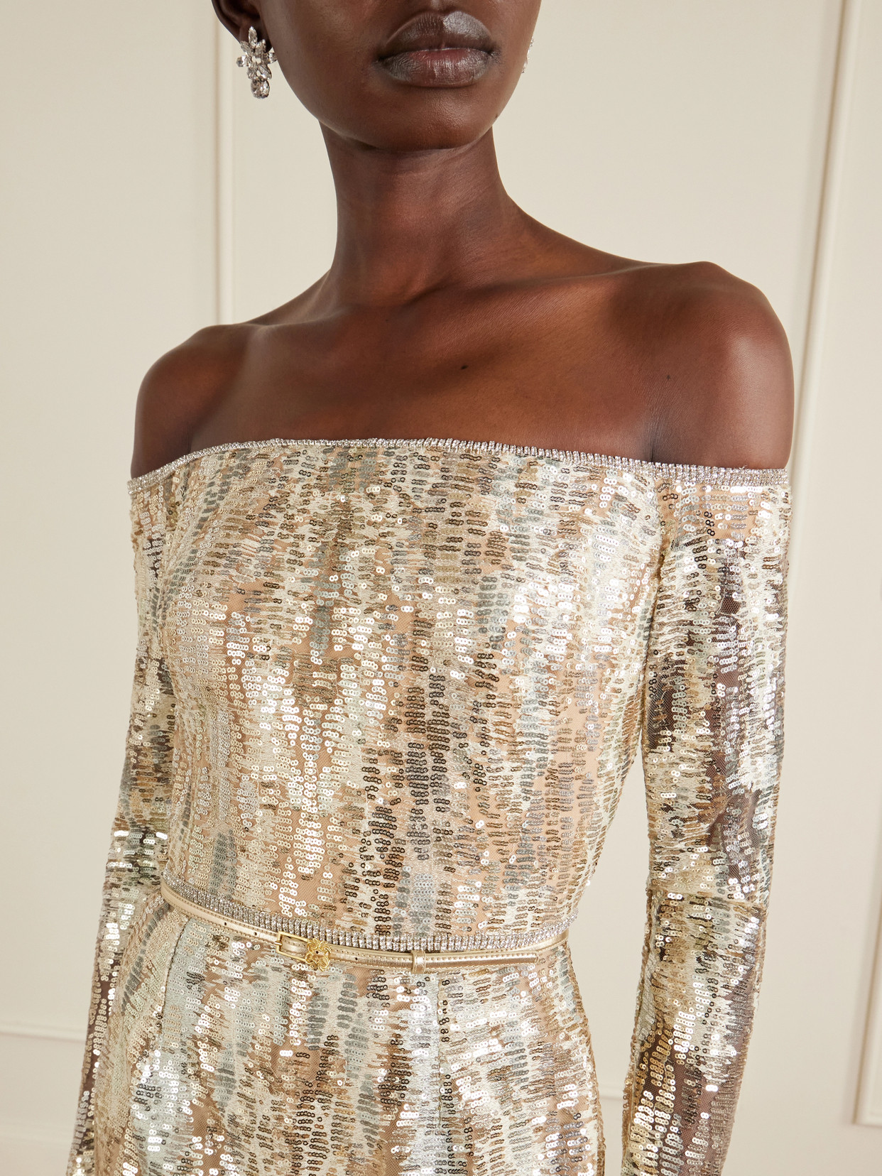Off-the-shoulder Sequined Silk-blend Gown - Gold