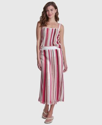 Womens Striped Pointelle Stitch Bandeau Knit Cotton Tank Top Striped Midi Skirt