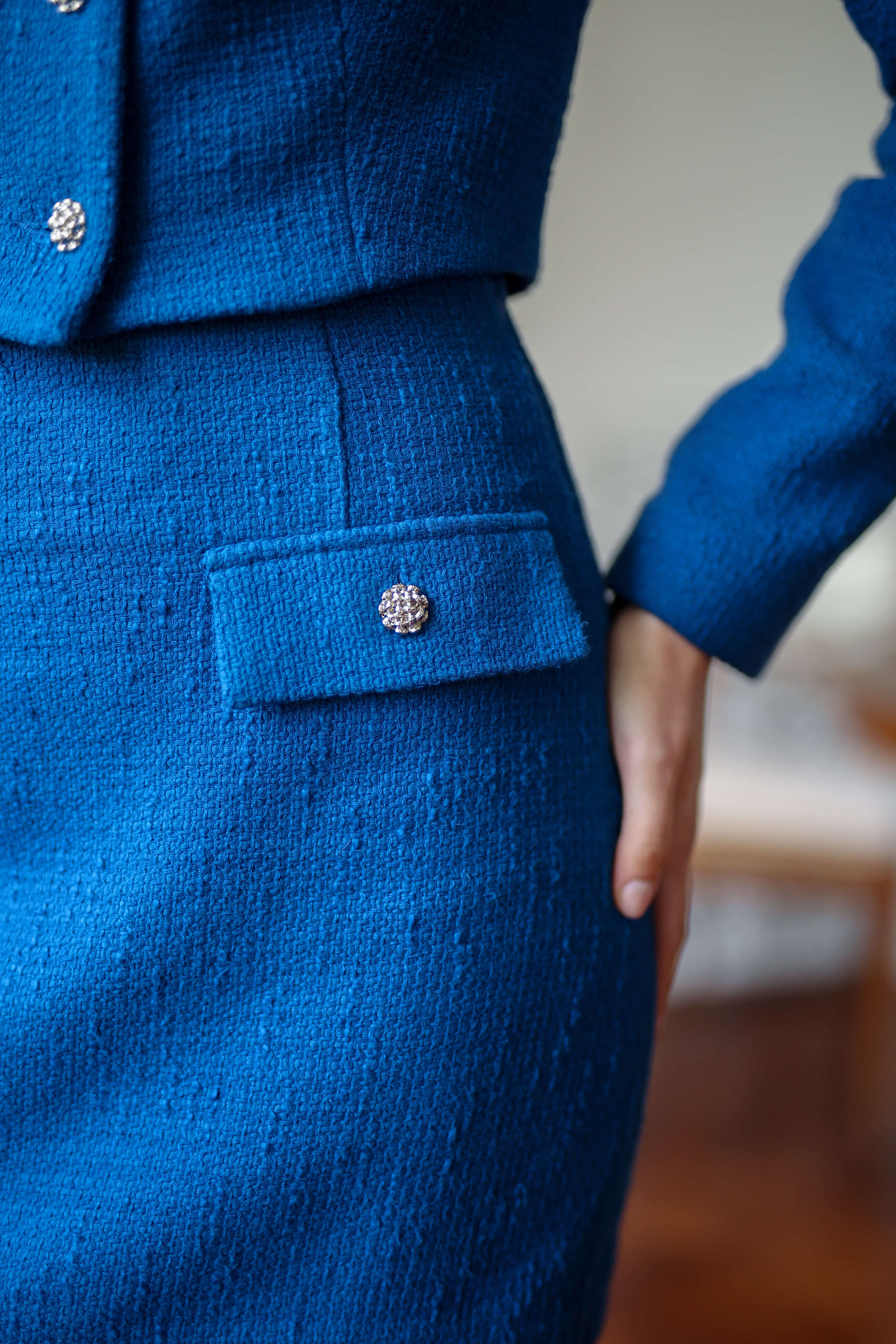 Blue Two Piece Cotton Set Harmony Breathable Upcycled Cotton Elegant Button-down Jacket and High-waisted Skirt Ideal for Formal Occasions