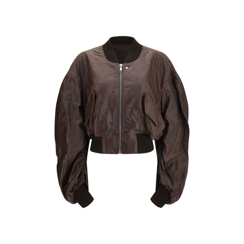 Cropped Calf Leather Bomber Jacket — Brown