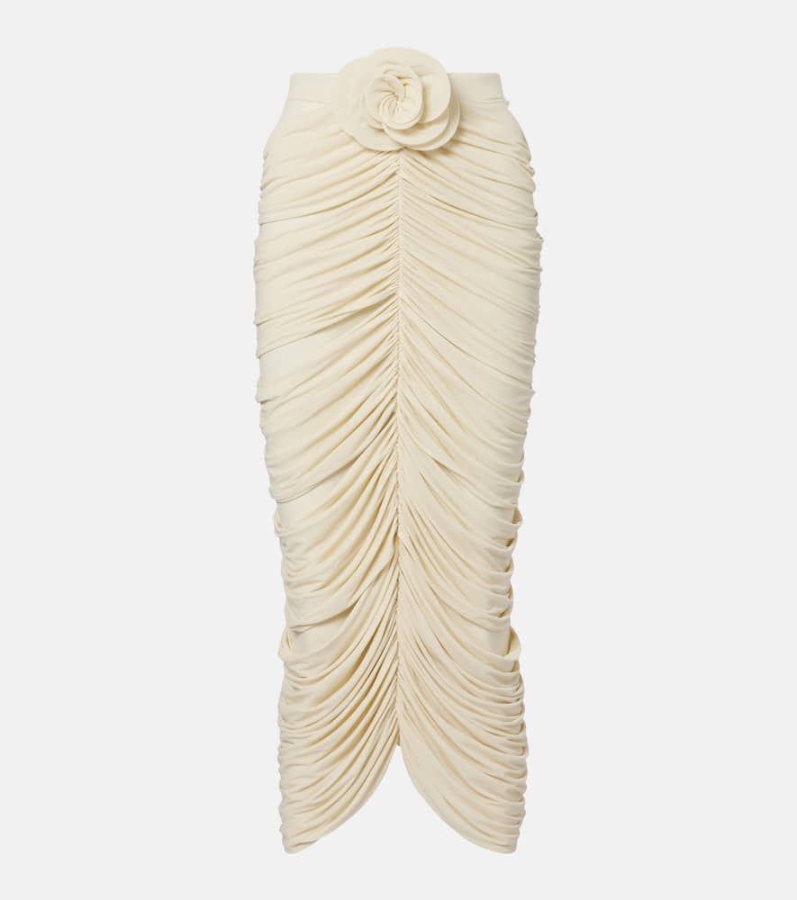 Floral-appliqué ruched midi skirt