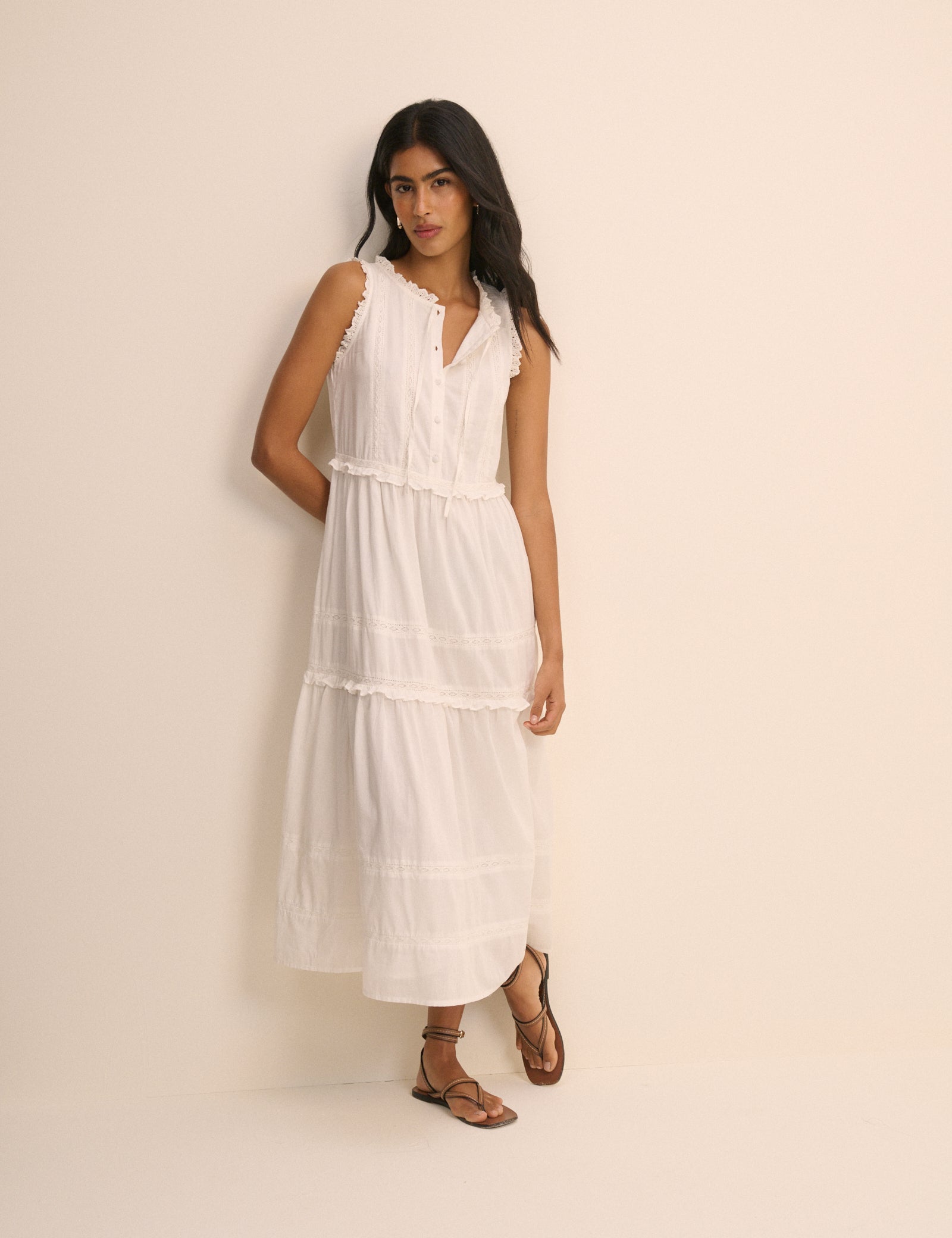White Ruffle Trim Tiered Penelope Midi Dre