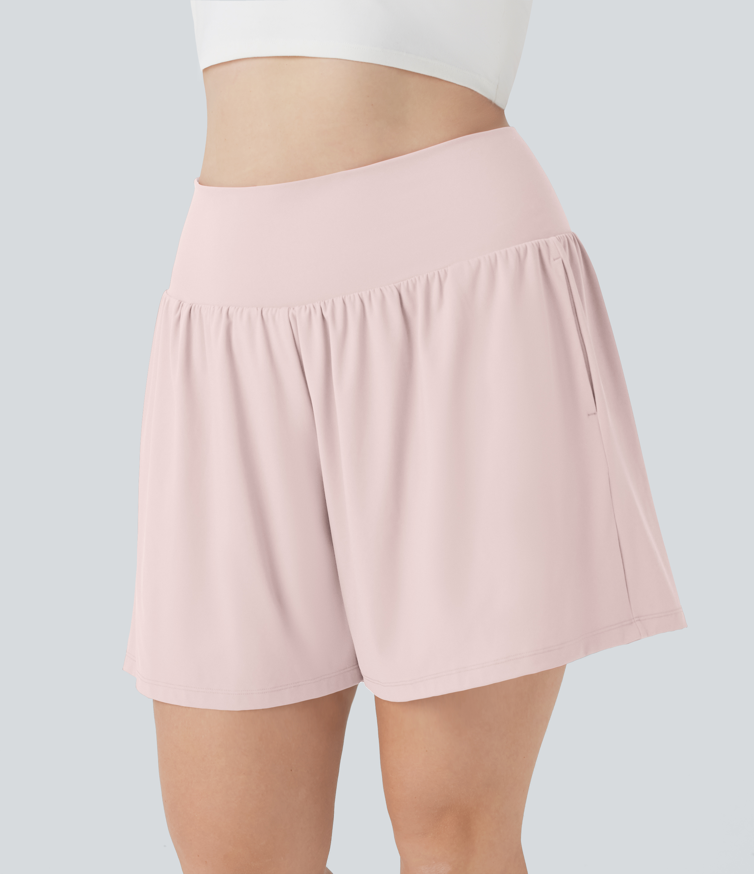 "SoftlyZero™ Airy Super High Waisted 2-in-1 Cool Touch Yoga Plus Size Shorts 7"" with Pockets Gym Short - Pale Lilac