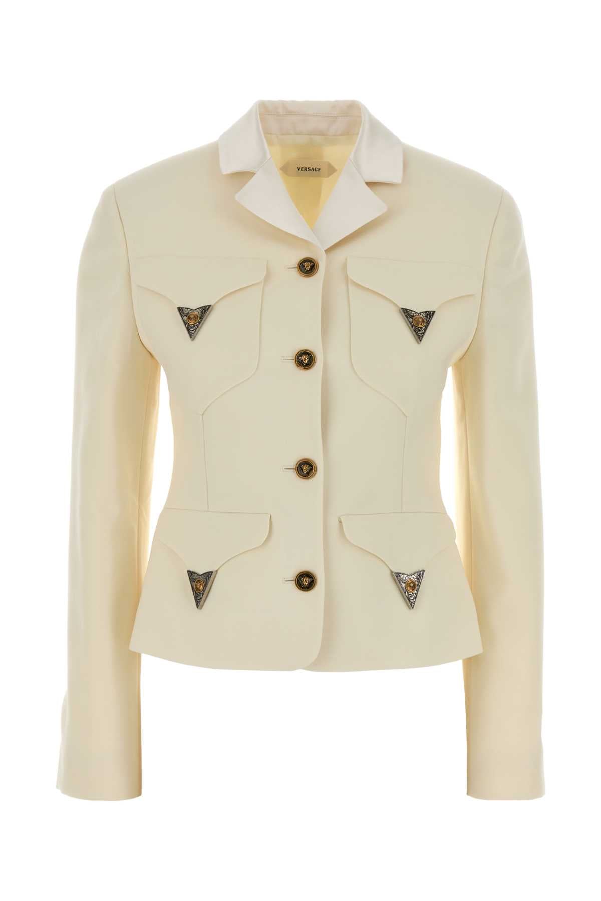 Virgin Wool with Medusa-Embellished Pockets Blazer — Beige