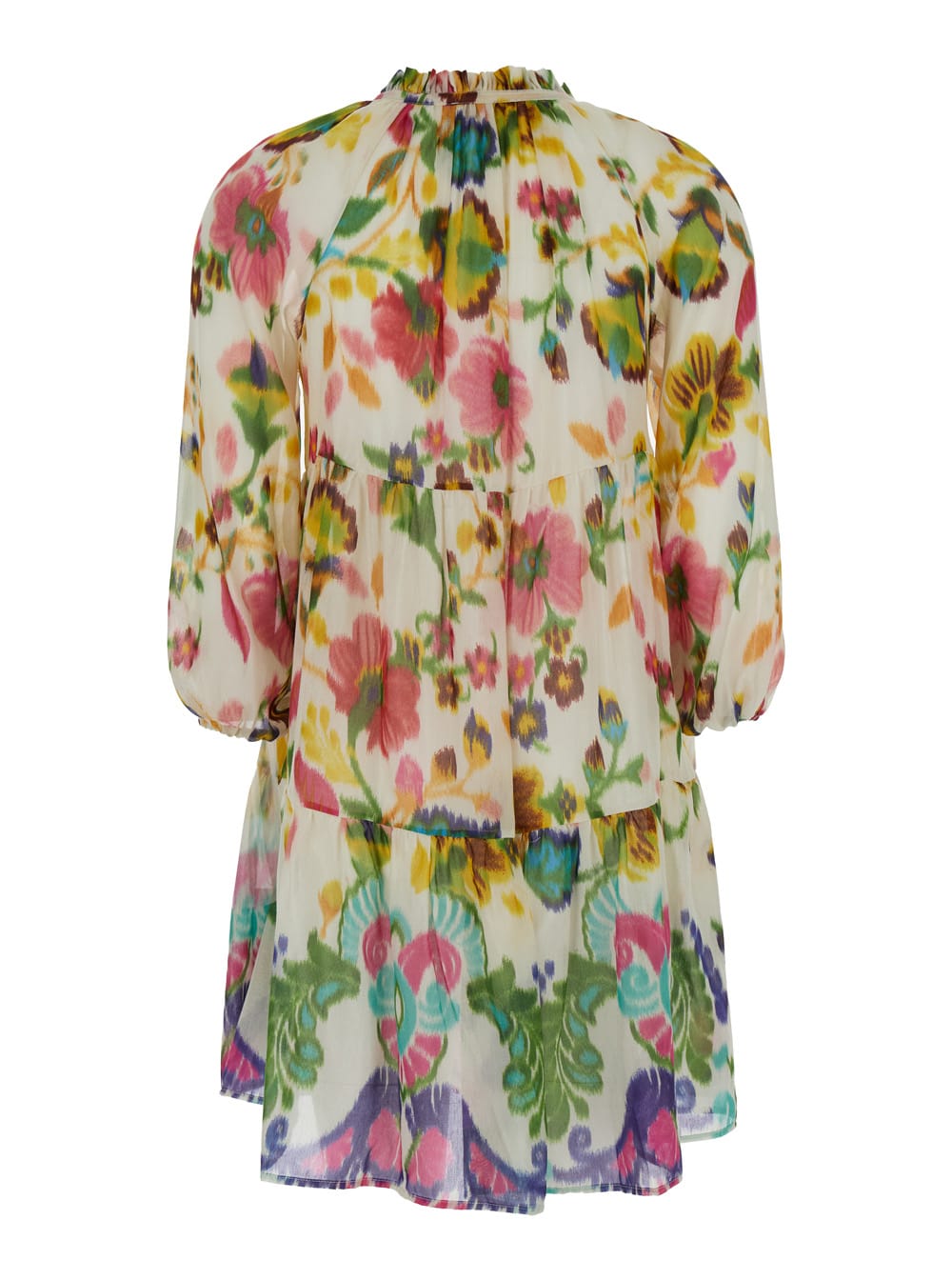 Mini Multicolor Dress With Floreal Print In Cotton And Silk Woman