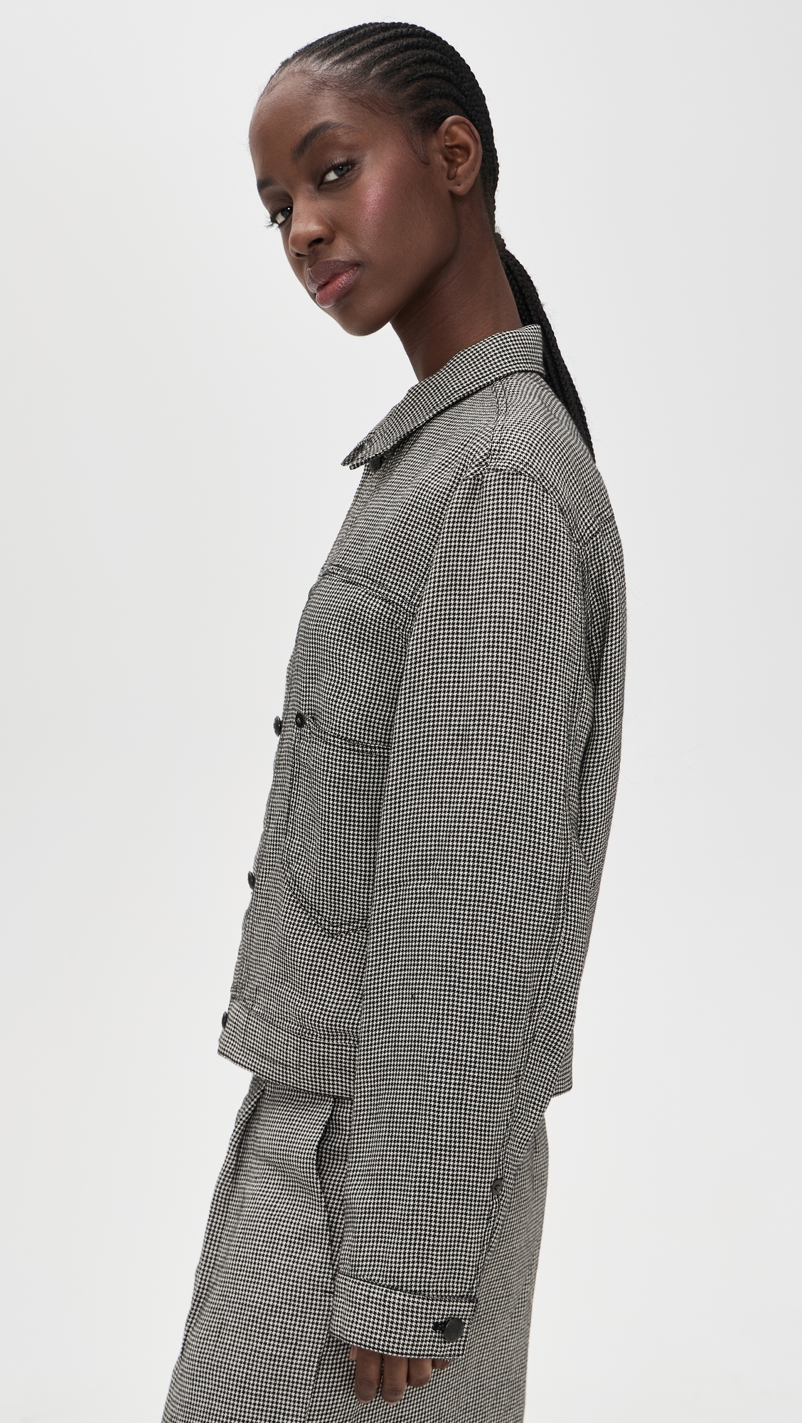 Relaxed Pleated Trucker Jacket Black And White Houndstooth