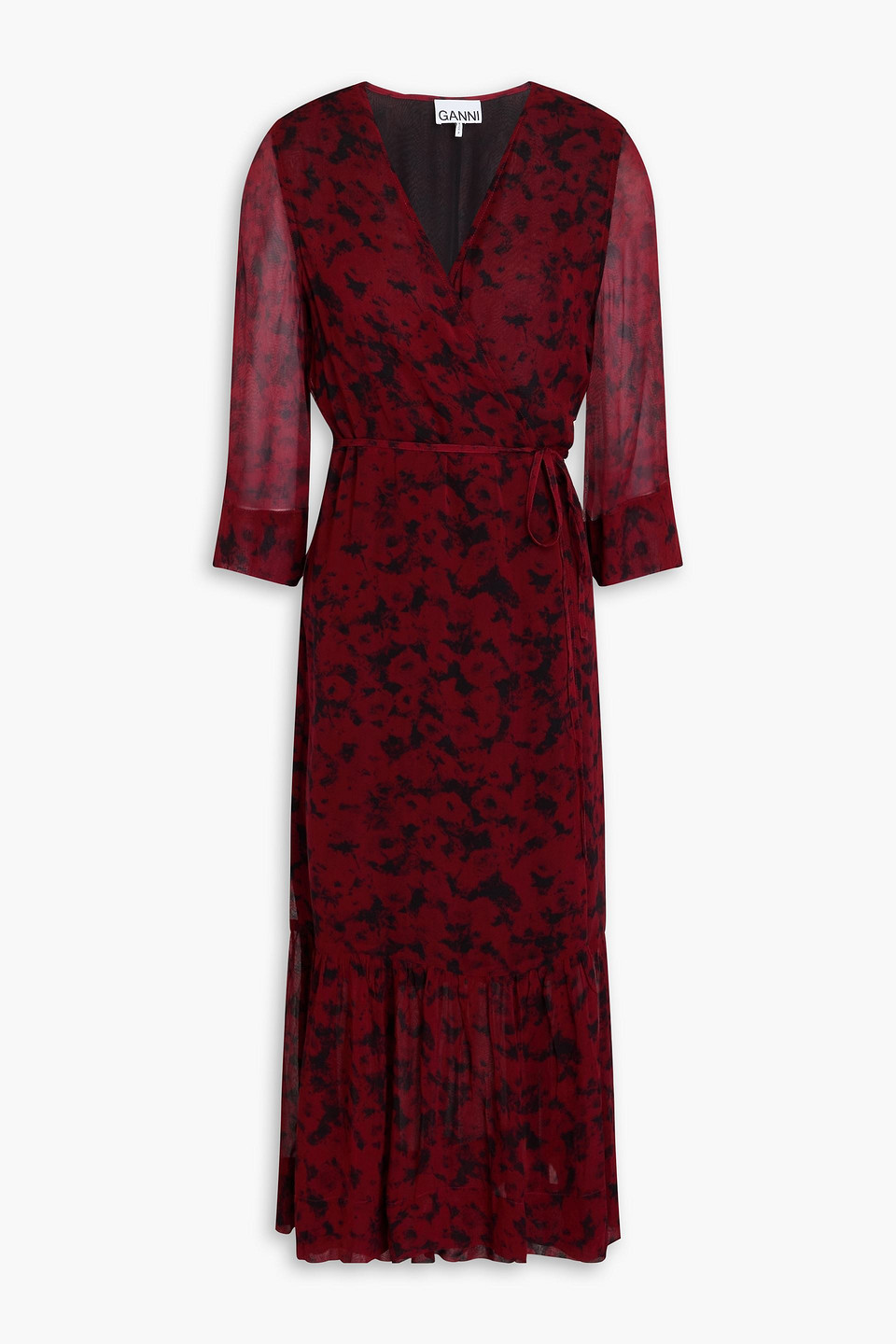 GANNI - Printed georgette midi wrap dress - Burgundy - DE 32