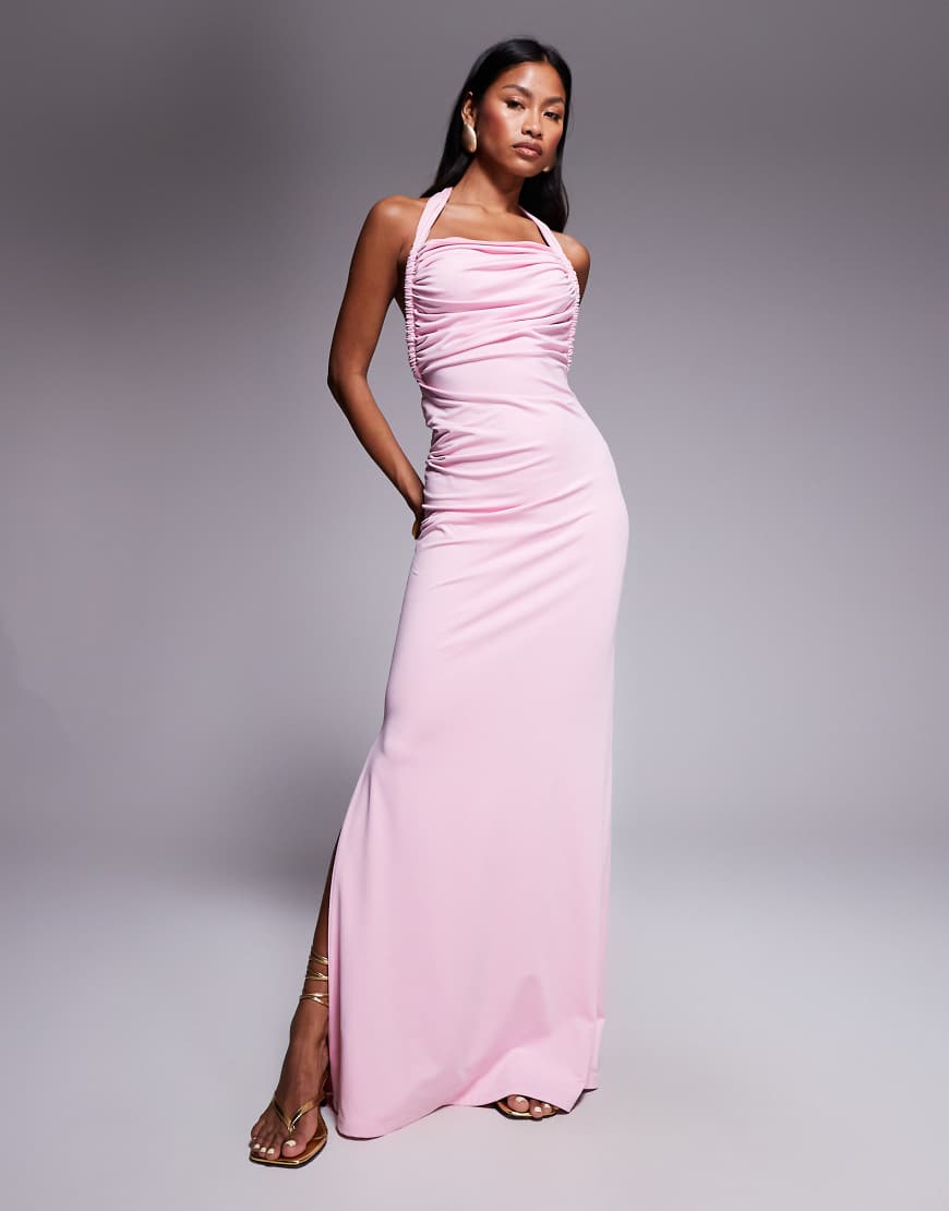 Double layered slinky asymmetric halterneck low twist back dress maxi dress in pink