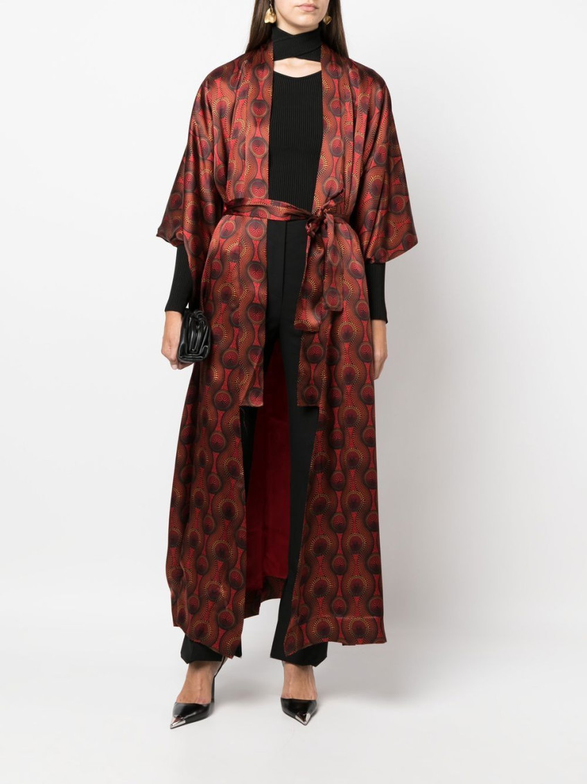 Red Printed Silk Long Kimono