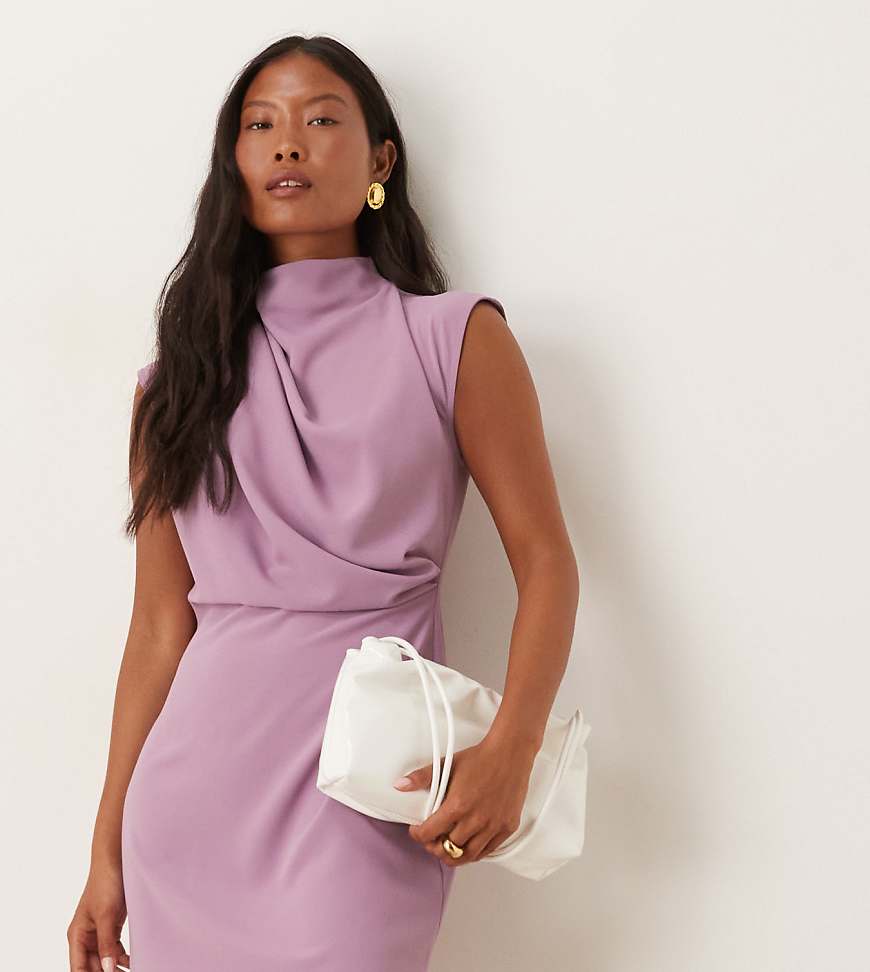 ASOS DESIGN Petite high neck sleeveless mini dress with draped neck in grape-Purple