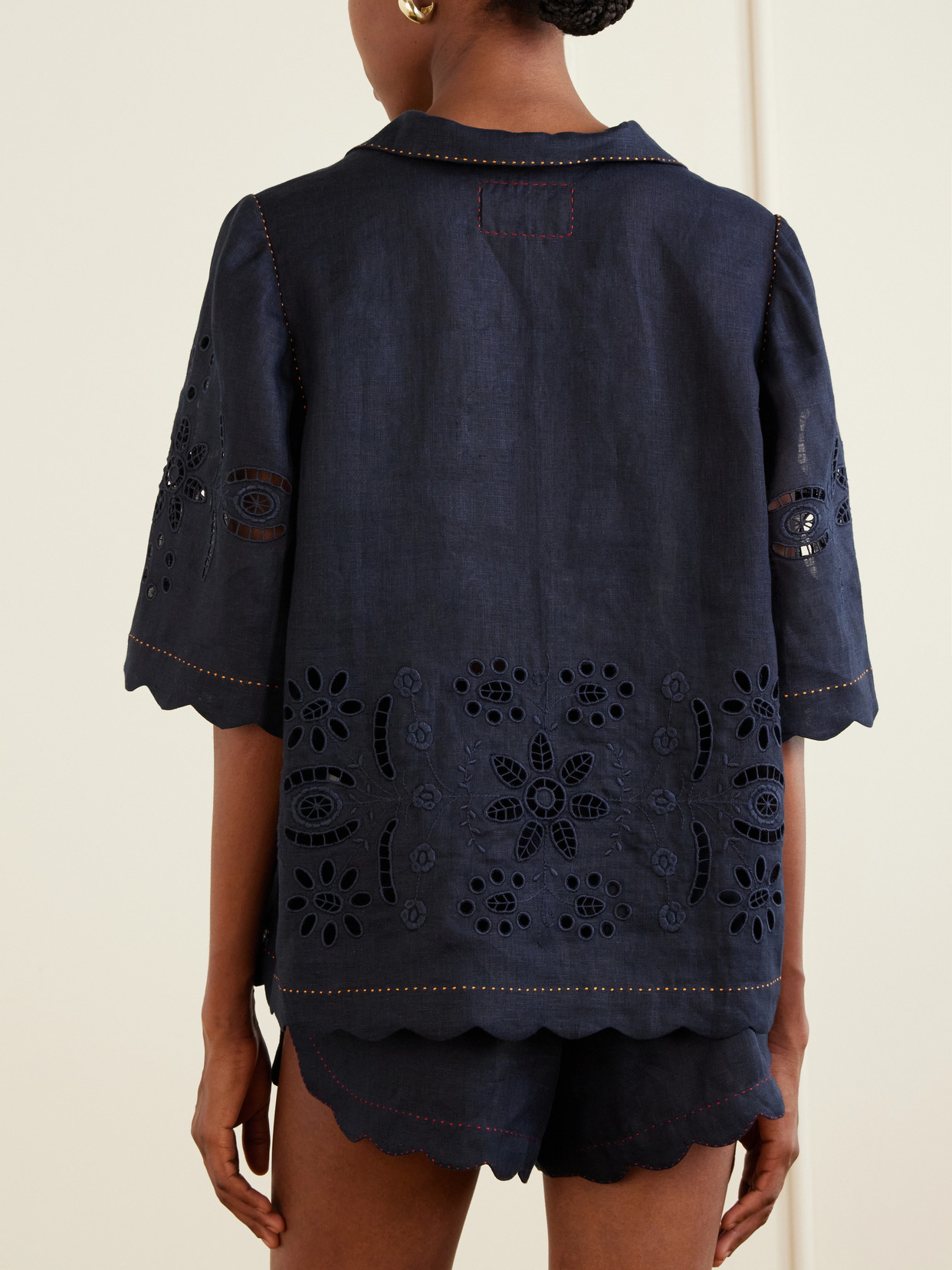 Broderie Anglaise-trimmed Linen Shirt - Blue