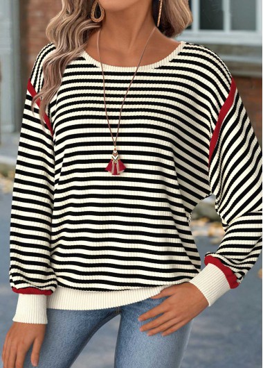 Modlily Beige Tummy Coverage Striped Long Sleeve T Shirt