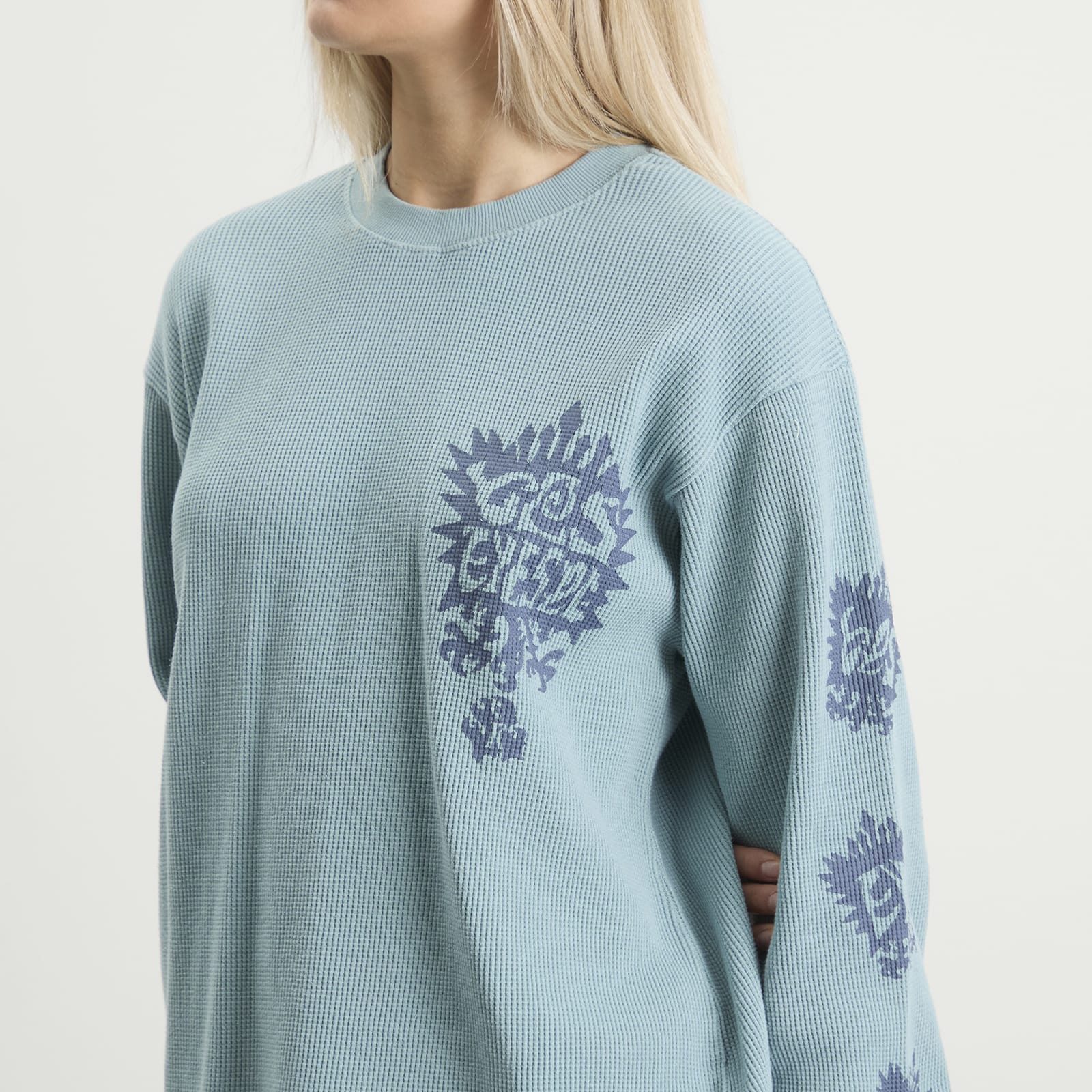 Women's Y.E.S Stamp Waffle Long Sleeve Light Blue