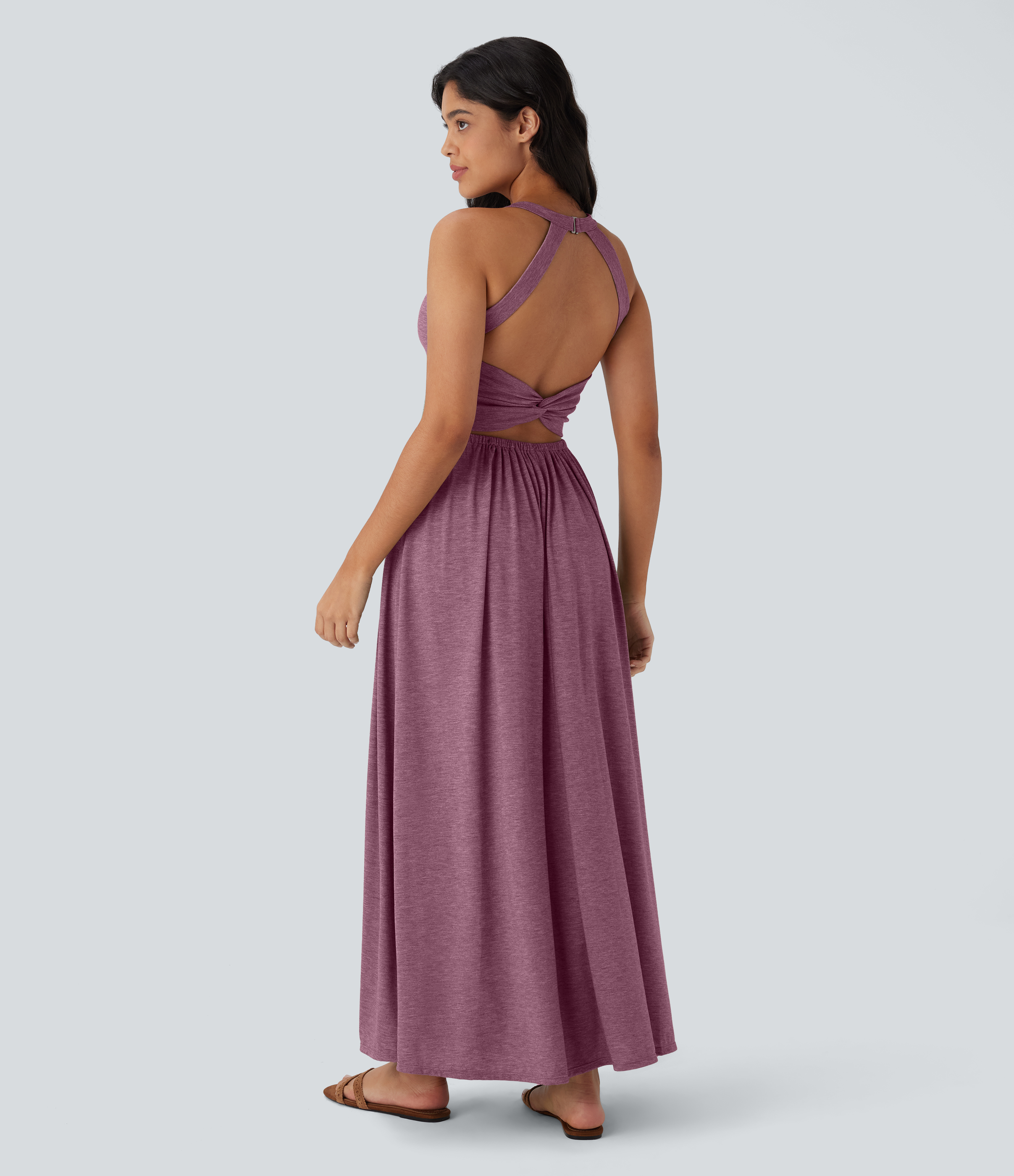 Twisted Backless Split Flowy Maxi Resort Dress with Pockets Casual Dress - Red Violet Floral Yarn