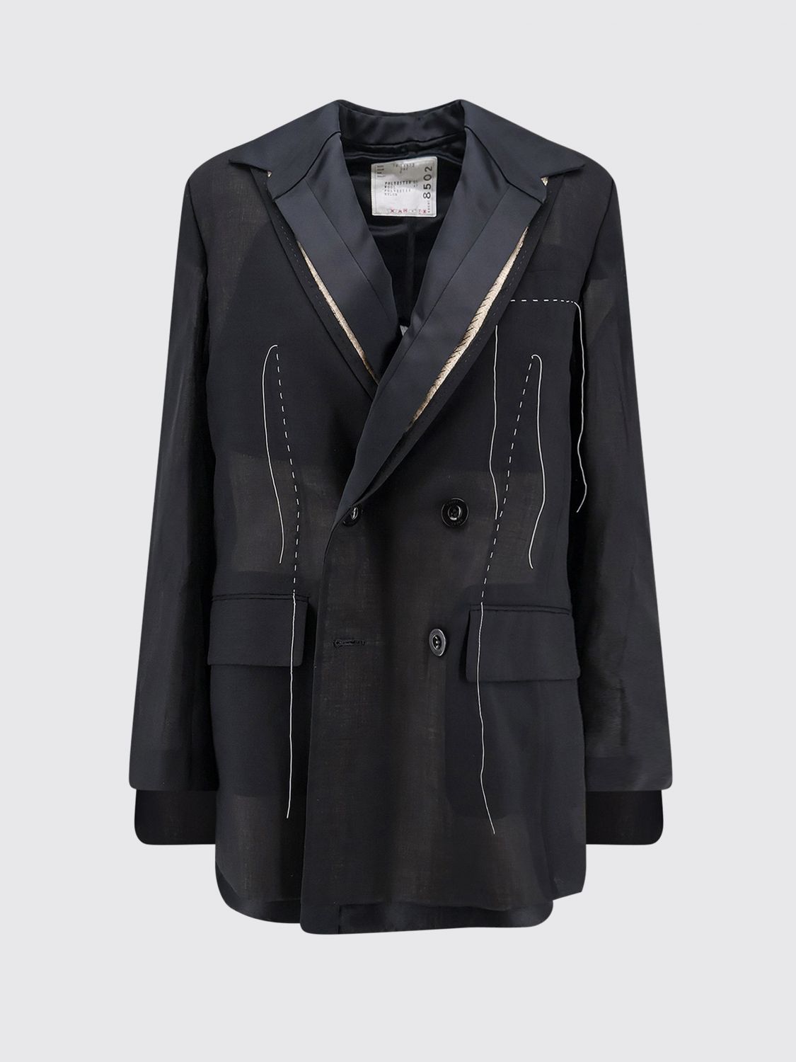 Cropped Double-Breasted Wool Blend Blazer with Patchwork Design