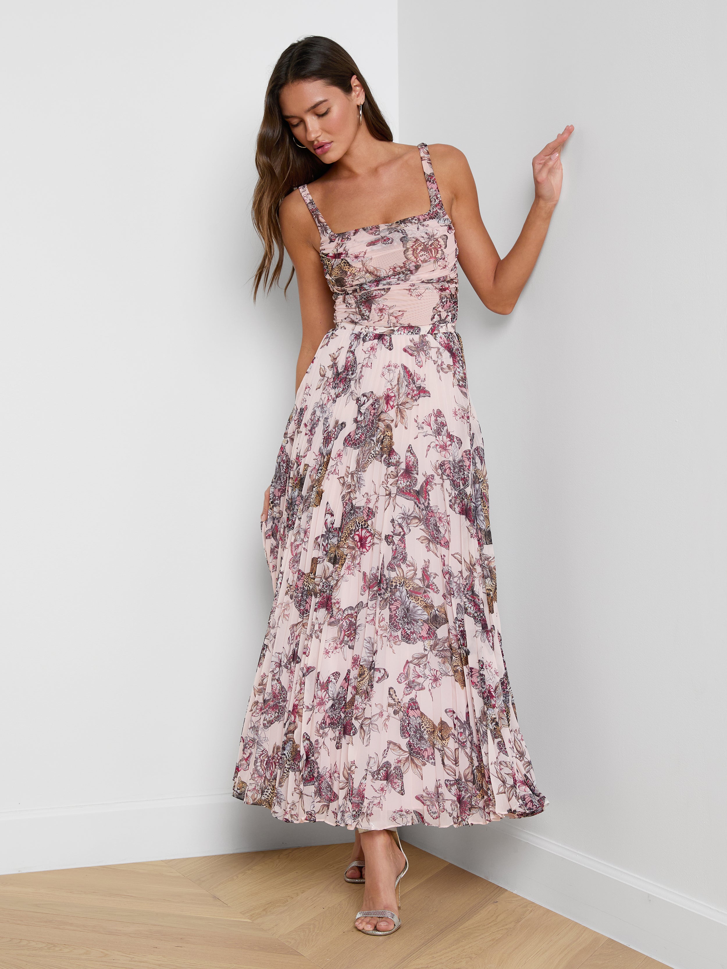 Torin Pleated Maxi Skirt In Light Nectar Pink Small Multi Butterfly Jungle