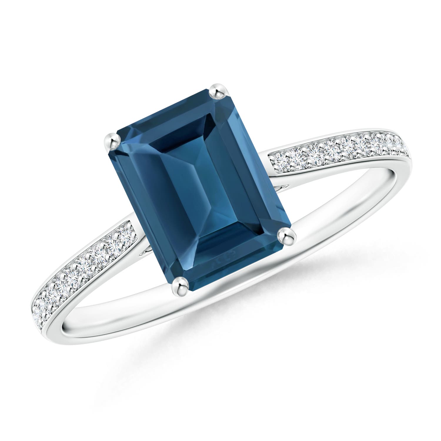 Angara 1.95 Carats Emerald-Cut London Blue Topaz Cocktail Ring with Diamonds in Platinum