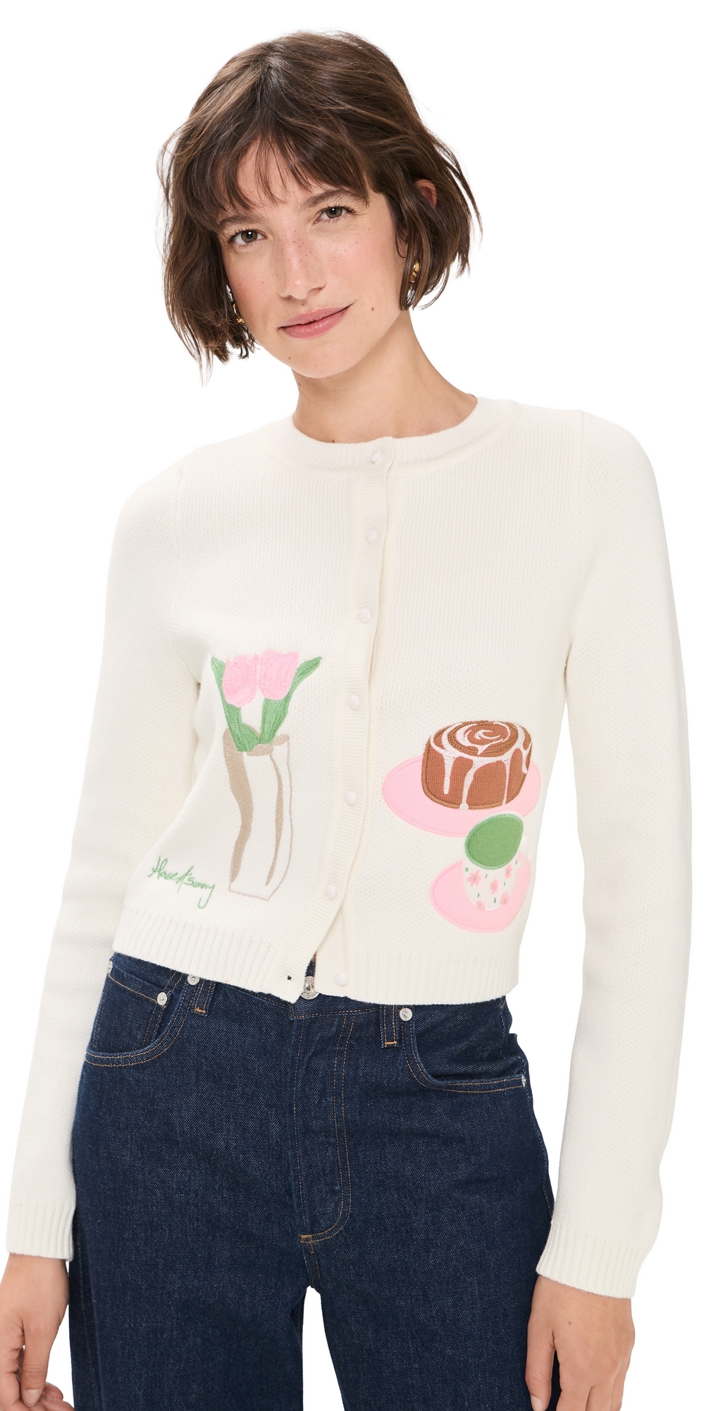 Collarless Picture Knit Cardigan Ivory