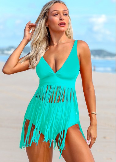 Modlily Tassel Spaghetti Strap Solid Swimdress and Panty