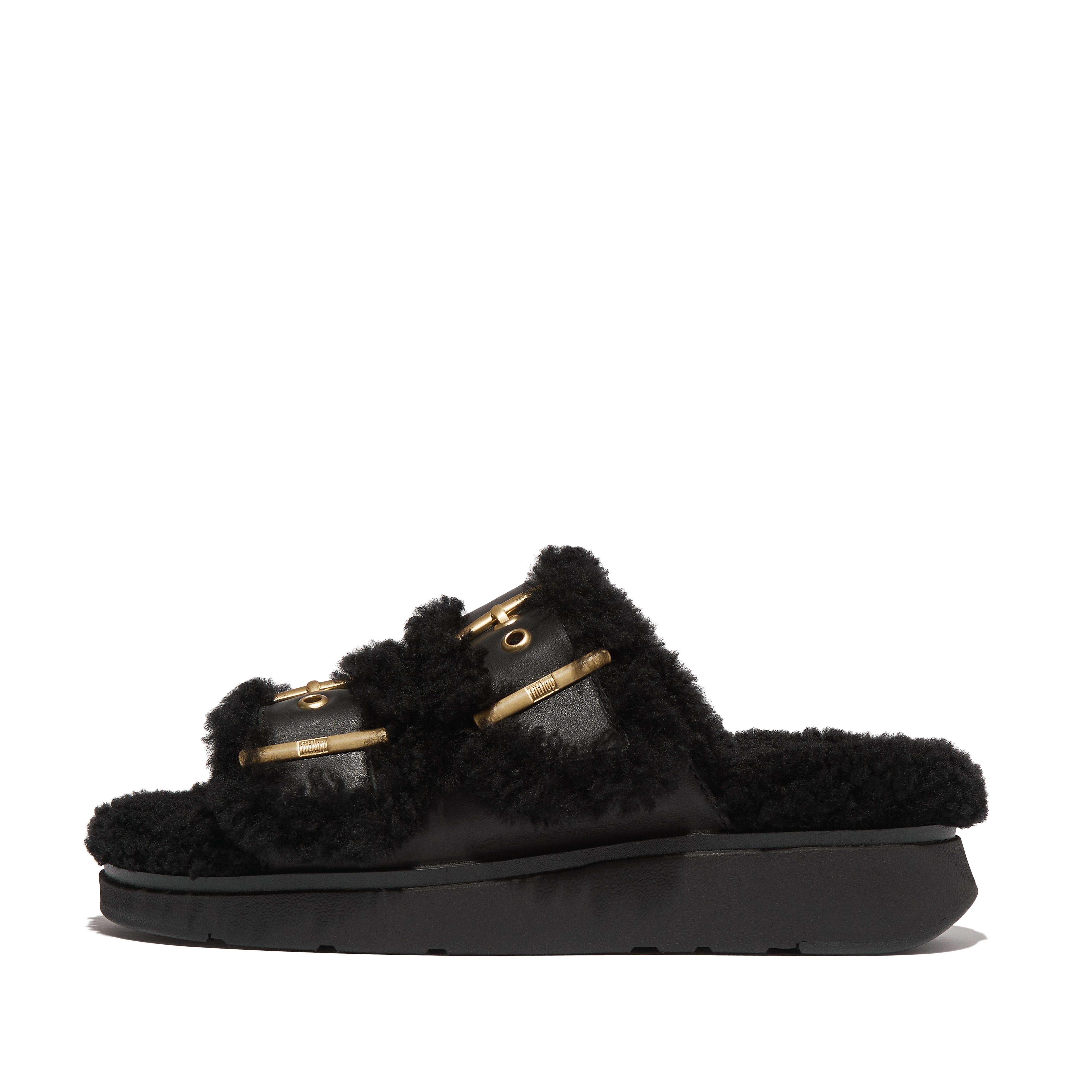 GEN-FF Buckle Two-Bar Curly Slides Leather/Shearling