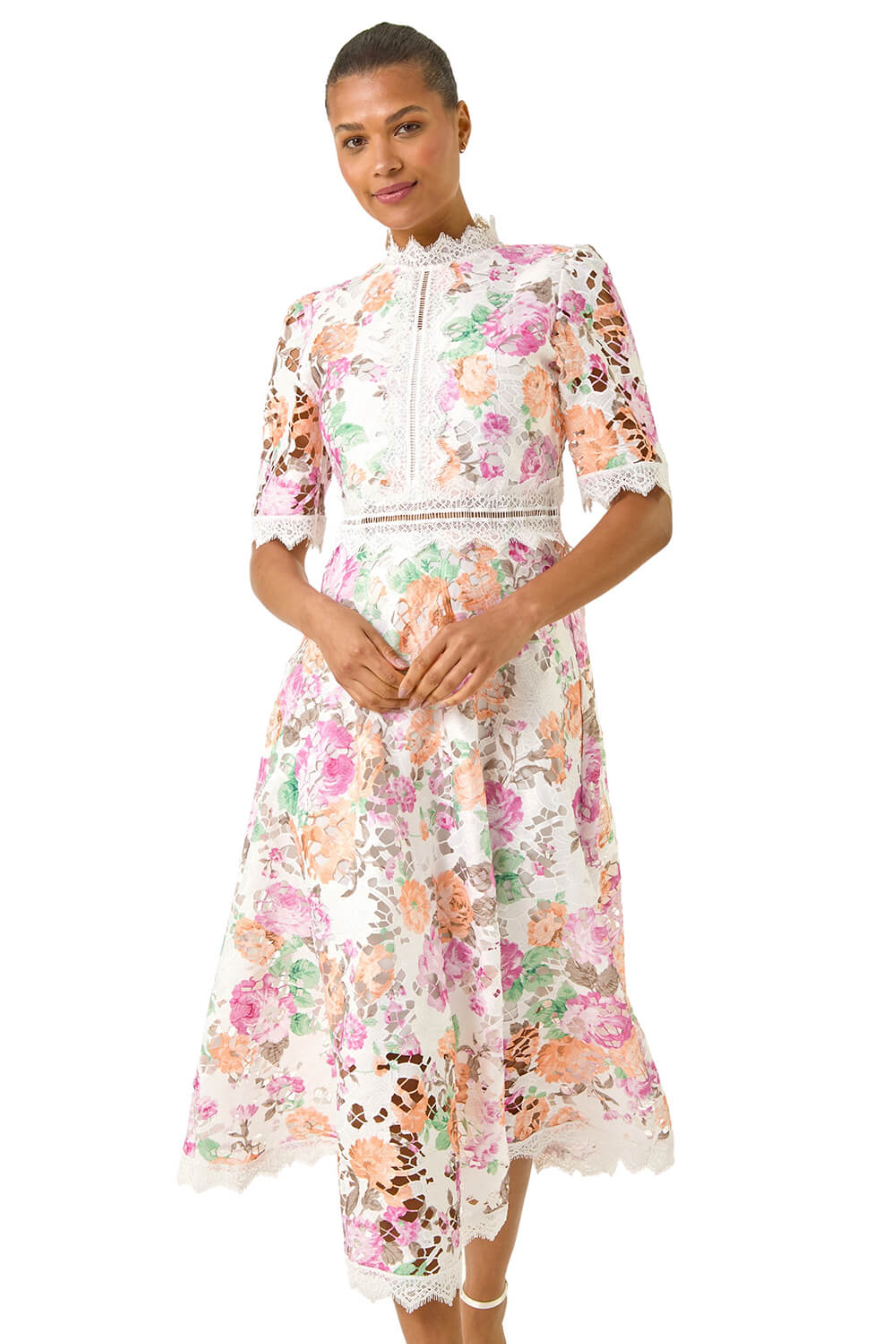Roman Womens Floral Lace Midi Dress - White