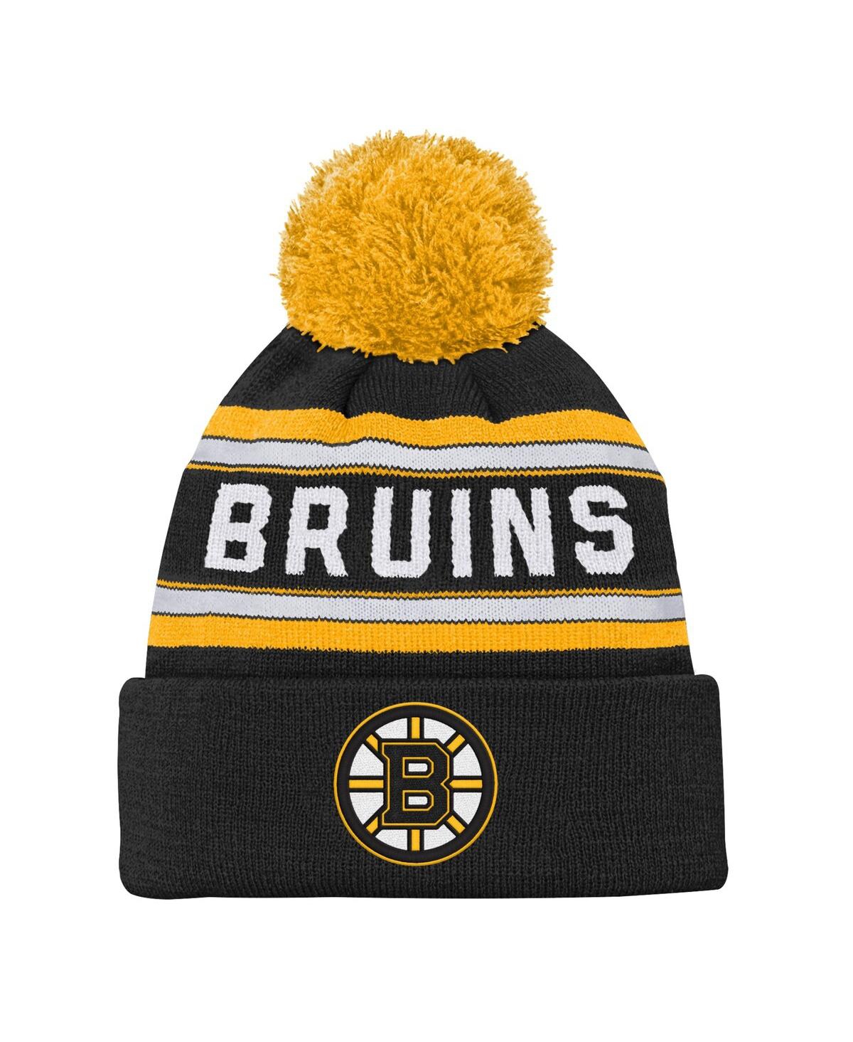 Big Boys and Girls Boston Bruins Black Jacquard Cuffed Knit Hat with Pom - Black